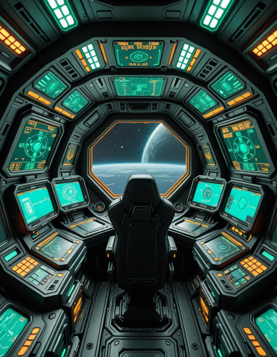 The interior of the cockpit of Samus Aranâs gunship, designed with sleek, futuristic curves and a functional, combat-ready aesthetic. Dim ambient lighting glows in shades of green and amber, illuminating the intricate array of holographic displays, navigation interfaces, and weapon control panels. The pilot seat is centered and reinforced, surrounded by layered control consoles, glowing alien script, and a panoramic view of deep space through a reinforced, angular viewport. Subtle mechanical hums and pulsing energy conduits run through the walls, creating an atmosphere of silent readiness and high-tech isolation within this iconic bounty hunterâs vessel.ship c0ckp1t, <lora:ship_c0ckp1t-i:1>, Masterpiece,best quality,hi res,8k,hi res,8k,award winning,(sharp focus, intricate, highly detailed),