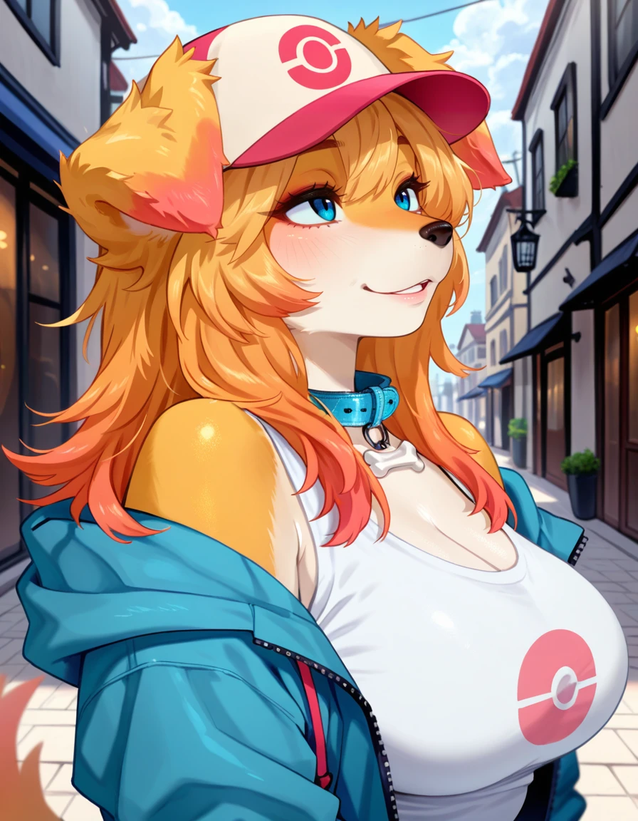 masterpiece, best quality, very aesthetic, absurdres,
outdoors,
upper body, body, standing, posing,
seductive smile, parted lips, long eyelashes,
<lora:Blue_v01_NAIXL:1>
81u3,1girl,solo,furry,furry female,dog girl,dog ears,long hair,blonde hair,multicolored hair,orange hair,baseball cap,blue eyes,snout,animal nose,collar,body fur,two-tone fur,dog ears,