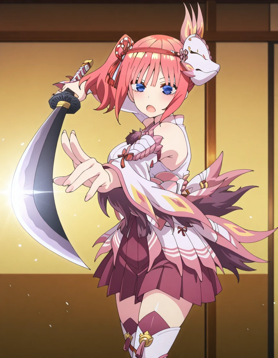 masterpiece, best quality, amazing quality,, <lora:nino-nakano-honeymoon-illustriousxl-lora-nochekaiser:1>, nino nakano, short hair, bangs, blue eyes, pink hair, blunt bangs, side ponytail, mature female, breasts, anime screencap, <lora:mizutsune-armor-illustriousxl-lora-nochekaiser:1>, mizutsune armor, mizutsune (armor), japanese clothes, kimono, detached sleeves, hair ornament, mask, mask on head, ribbon, thighhighs,, <lora:gatotsu-stance-illustriousxl-lora-nochekaiser:1>, gatotsu stance, weapon, sword, katana, holding weapon, holding, holding sword, foreshortening,, , open mouth, ,