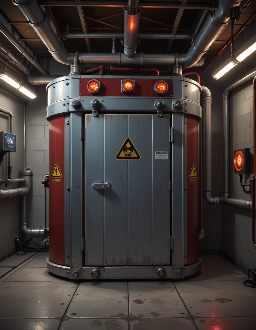 A detailed photo of the exterior of the Ecto-Containment Unit, located in a dimly lit basement facility. The unit is a large, reinforced metallic structure with red and silver panels, thick wiring, and glowing warning lights. Industrial hazard symbols are painted across its surface, and a secure access hatch is bolted shut on the front. Pipes and power conduits run along the walls and ceiling, feeding into the containment system. The room is concrete and shadowy, lit by flickering fluorescent lights and the pulsing red glow of the unitâs power core. No characters present. Cinematic, high-tech paranormal lab atmosphere, detailed and ominous.
,Ecto-Containment Un1t, <lora:Ecto-Containment_Un1t-p:1>,score_9, score_8_up, score_7_up,amazing quality, ultra realistic, 3D, HD, best quality, amazing quality, very aesthetic, absurdres