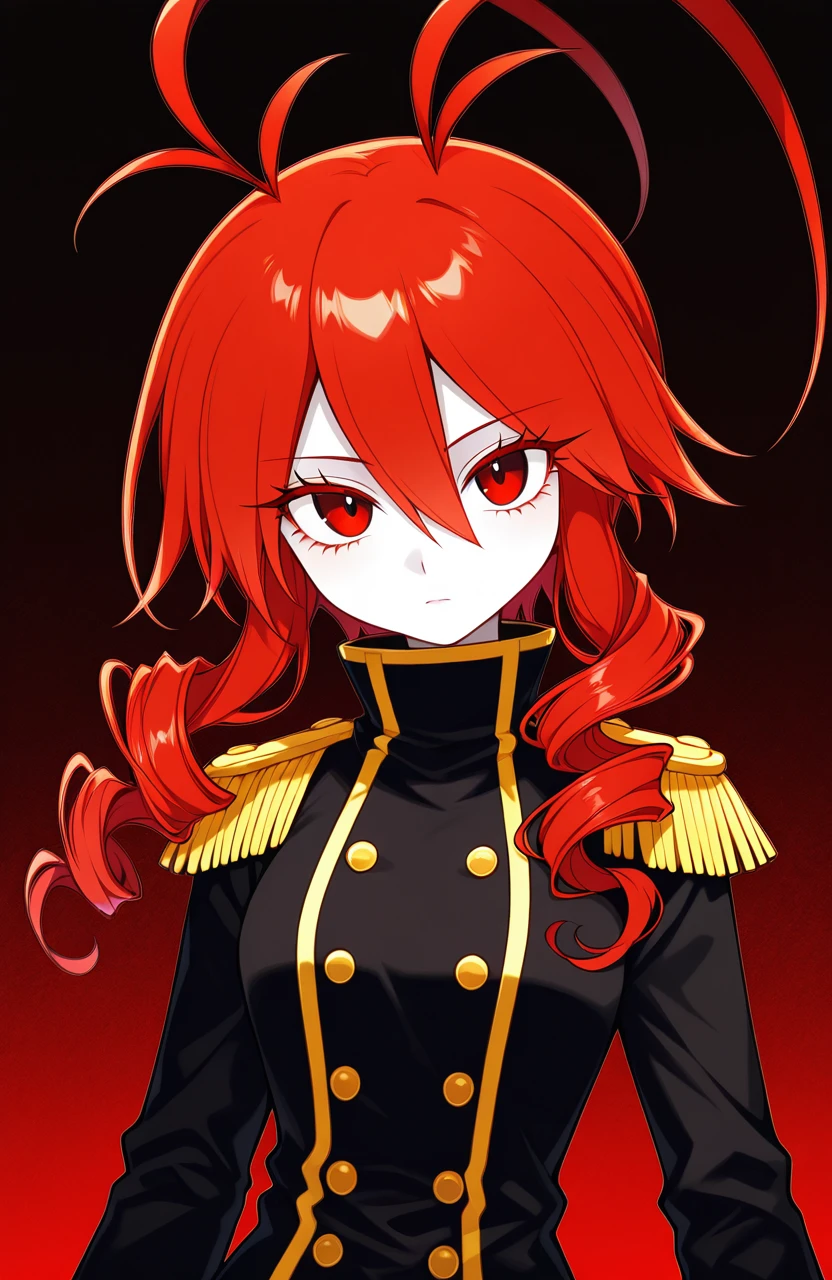 masterpiece,best quality,amazing quality,very aesthetic,absurdres,newest,score_9_up,(score_8_up),score_7_up,detailed face,detailed eyes,Highest Quality,perfect eyes,ultra-detailed,amazing quality,very aesthetic,perfect composition,intricate details,absurdres,<lora:LobcoOkegomV2:1>,lobco \(funamusea\),lobcoOkegom,1girl,antenna hair,black jacket,double-breasted,drill hair,epaulettes,eyelashes,hair between eyes,high collar,jacket,long hair,military,military uniform,pale skin,red eyes,red hair,solo,twin drills,uniform,dynamic pose, dynamic angle,