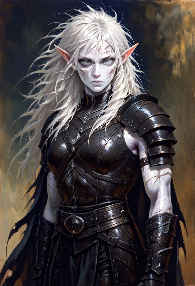 masterpiece, best quality, newest, absurdres, highres, GOTPV1.0, oil painting (medium),
1girl, pale, white skin, colored skin, pale skin, elf, pointy ears, muscular woman, armor, cape, leather armor, scar, scars on face, white hair, long hair, messy hair, black armor, black leather,