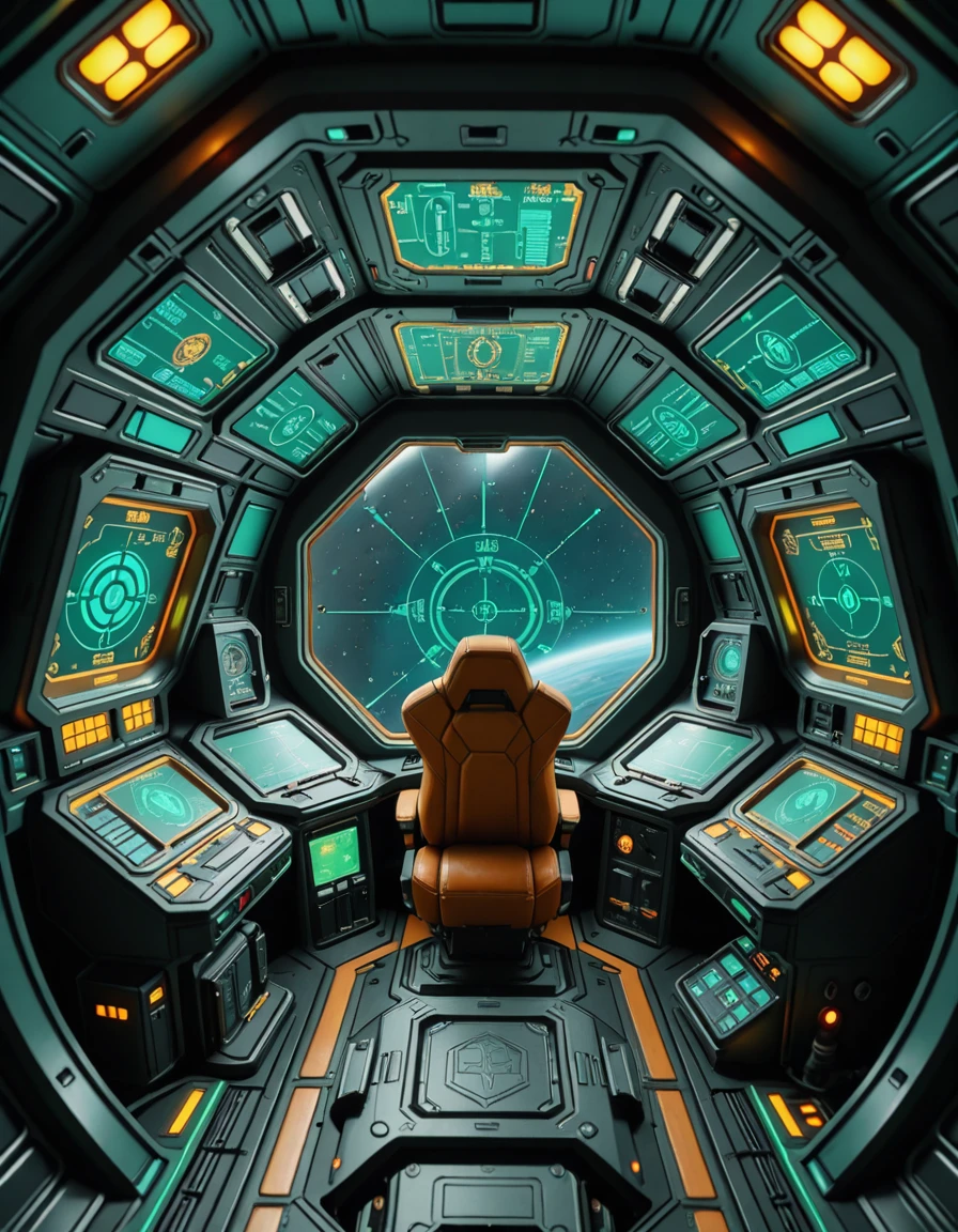 The interior of the cockpit of Samus Aranâs gunship, designed with sleek, futuristic curves and a functional, combat-ready aesthetic. Dim ambient lighting glows in shades of green and amber, illuminating the intricate array of holographic displays, navigation interfaces, and weapon control panels. The pilot seat is centered and reinforced, surrounded by layered control consoles, glowing alien script, and a panoramic view of deep space through a reinforced, angular viewport. Subtle mechanical hums and pulsing energy conduits run through the walls, creating an atmosphere of silent readiness and high-tech isolation within this iconic bounty hunterâs vessel.ship c0ckp1t, <lora:ship_c0ckp1t-i:1>, Masterpiece,best quality,hi res,8k,hi res,8k,award winning,(sharp focus, intricate, highly detailed),