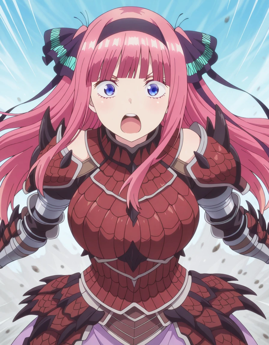 masterpiece, best quality, amazing quality,, <lora:nino-nakano-s1-illustriousxl-lora-nochekaiser:1>, nino nakano, nakano nino, long hair, bangs, blue eyes, hair ornament, hair ribbon, pink hair, blunt bangs, two side up, butterfly hair ornament, mature female, breasts, anime screencap, <lora:rathalos-armor-illustriousxl-lora-nochekaiser:1>, rathalos armor, rathalos (armor), gauntlets, red armor, scale armor, shoulder spikes, spiked armor, spikes, helmet, headgear, visor, hairband, headband,, <lora:dynamic-pose-illustriousxl-lora-nochekaiser:1>, dynamic pose, incoming attack, cowboy shot, surprised, open mouth, ,