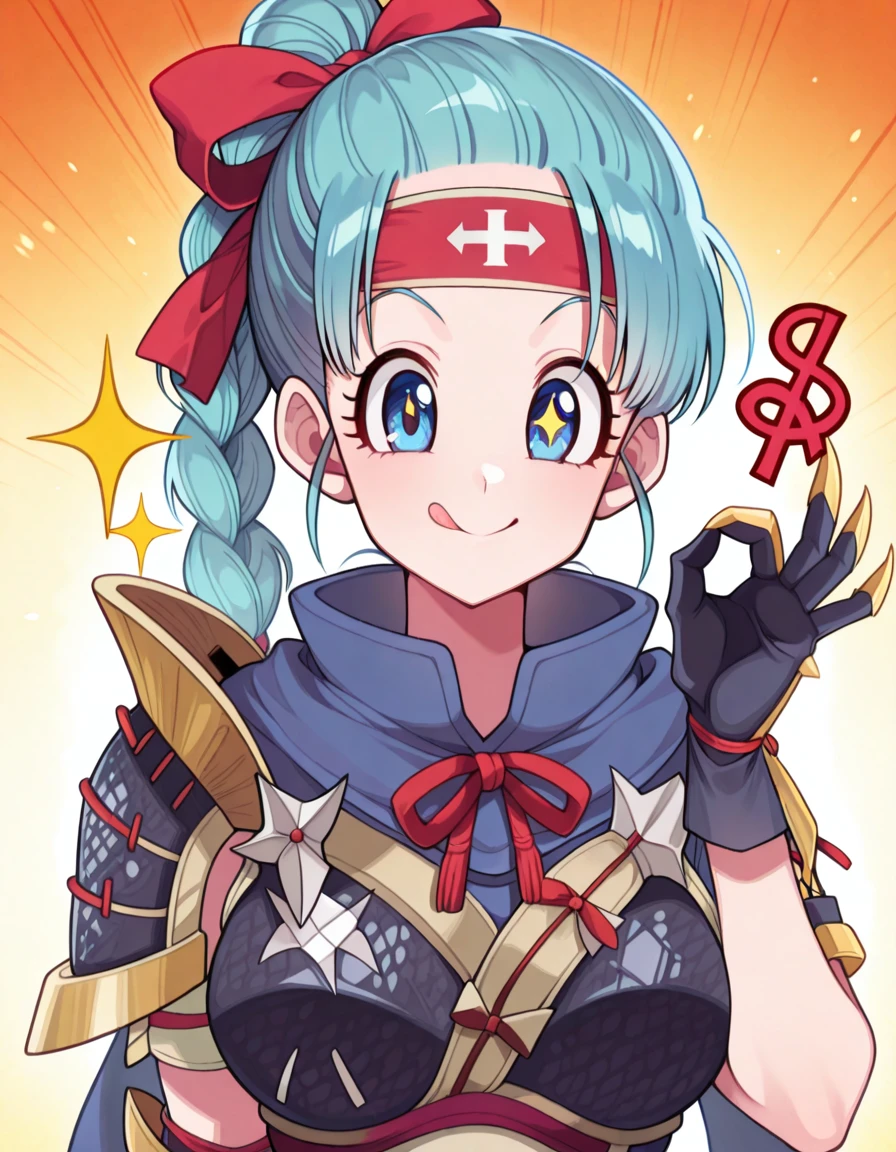 masterpiece, best quality, amazing quality,, <lora:dragonball-bulma-illustriousxl-lora-nochekaiser:1>, bulma, blue eyes, blue hair, braid, braided ponytail, hair ribbon, parted bangs, mature female, medium breasts, anime screencap,, <lora:kamura-armor-illustriousxl-lora-nochekaiser:1>, kamura armor, armor, blue scarf, clawed gauntlets, gauntlets, hair ornament, hair ribbon, headband, kamura (armor), red ribbon, red thighhighs, ribbon, scarf, shoulder armor, thighhighs,, <lora:money-gesture-illustriousxl-lora-nochekaiser:1>, money gesture, smile, tongue out, looking at viewer, money eyes, sparkling, ok sign, one eye closed, upper body, money, yen sign, dollar sign, hand up,, frown, , ,