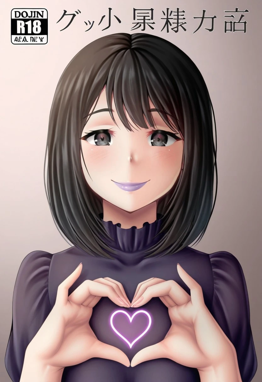 oniilus, 1girl, solo, medium build, medium hair, good lighting, sfw, safe for work, covered skin, flowy dress, black eyes, purple lipgloss, smiling, portrait, upper body, doujin cover, heart hands, japanese text,