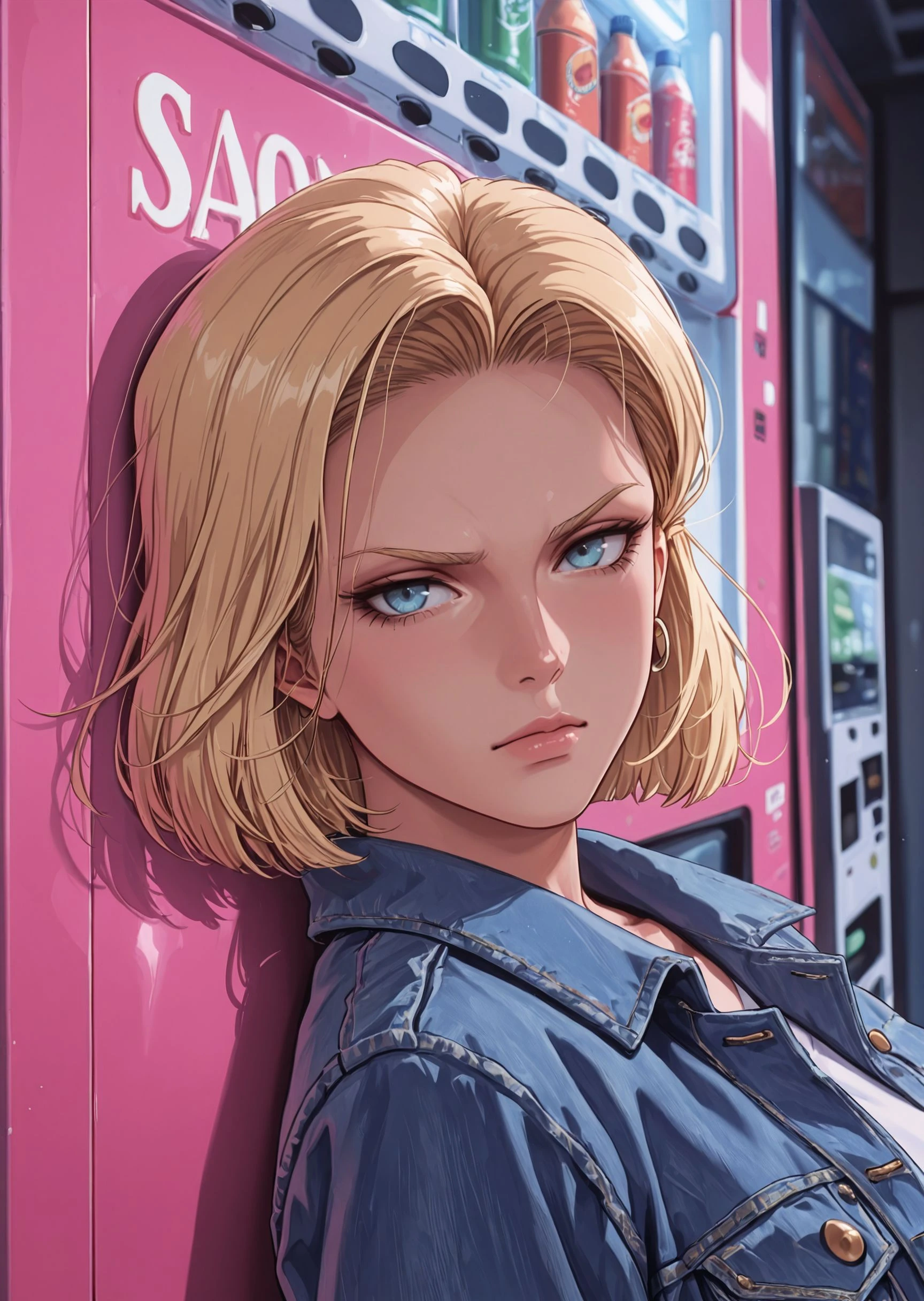 masterpiece, best quality, amazing quality, very aesthetic, masterpiece, best quality, amazing quality, very aesthetic, detailed eyes, perfect eyes, realistic eyes, BREAK, android 18, leaning her back against a vending machine, denim jacket, serious face, neon pink theme, face focus, close up
<lora:RSTHTC_Style__Illustrious:.8> <lora:cfg_scale_boost:.5>