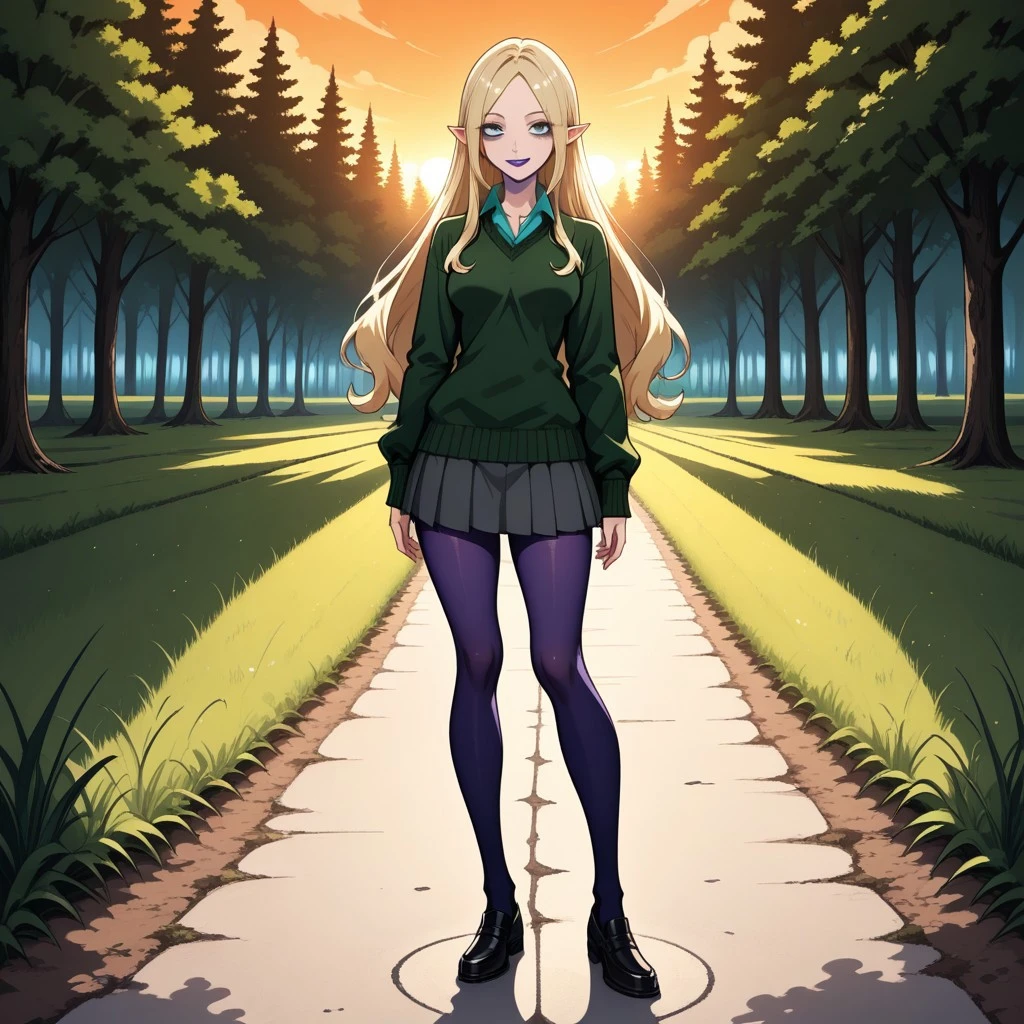 score_9, score_8, BREAK, solo, 1girl, light blonde hair, long hair, blue eyes, bags under eyes, slightly pointy ears, purple lips, lipstick, dark green sweater, cyan collared shirt underneath, dark grey skirt, indigo tights, black loafers, DawnTD, cute, sexy pose, self portrait, smile, looking at viewer, outdoors, sunlight, shadows, evening lighting, natural lighting, forest, trees, grass, orange sky, sunset