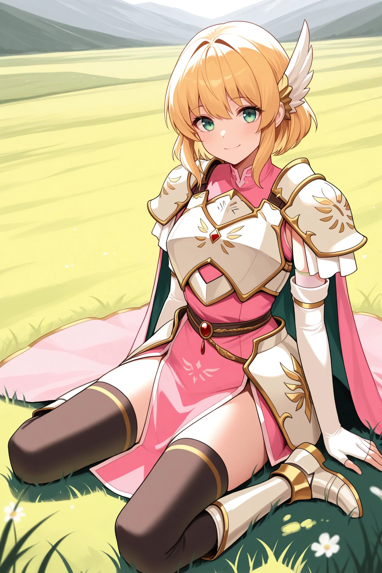 masterpiece, best quality, 1girl, solo, <lora:fenanna-illu-nvwls-v1-000006:1> lgdnna, blonde hair, short hair, green eyes, wing hair ornament, white pauldrons, armored dress, pink cape, pink dress, gold trim, pelvic curtain, breastplate, white gloves, elbow gloves, fingerless gloves, black thighhighs, armored boots, sitting, smile, on ground, grass, field, hills, looking at viewer, full body