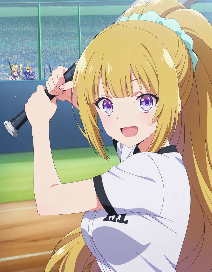 masterpiece, best quality, amazing quality,, <lora:kei-karuizawa-s2-v2-illustriousxl-lora-nochekaiser:1>, kei karuizawa, long hair, bangs, blunt bangs, purple eyes, blonde hair, hair ornament, ponytail, scrunchie, breasts, blue scrunchie, anime screencap, <lora:batting-stance-illustriousxl-lora-nochekaiser:1>, batting stance, looking at viewer, smile, open mouth, baseball bat, holding baseball bat, , ,