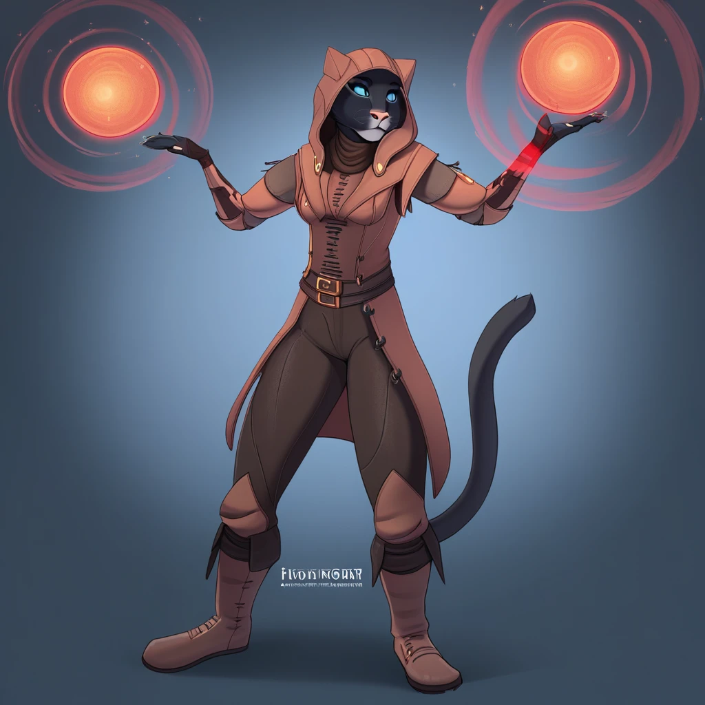 khamira, black fur, blue eyes, furry, feline, grey fur, two-tone fur, hood, jacket, pants, boots, cat hood, belt, magic, floating orbs, moons, standing, solo, 1girl, furry