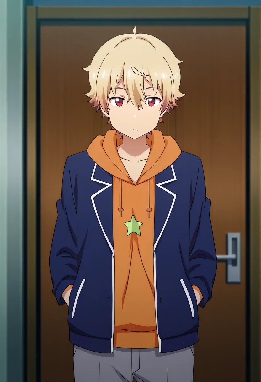masterpiece, best quality, , anime screencap, anime coloring, official style,, 1boy, solo, male focus, <lora:subaru_uchimaki_ilxl:1>, subaru_uchimaki, blonde hair, red eyes, short hair, blue jacket, orange hoodie, open jacket, grey pants,