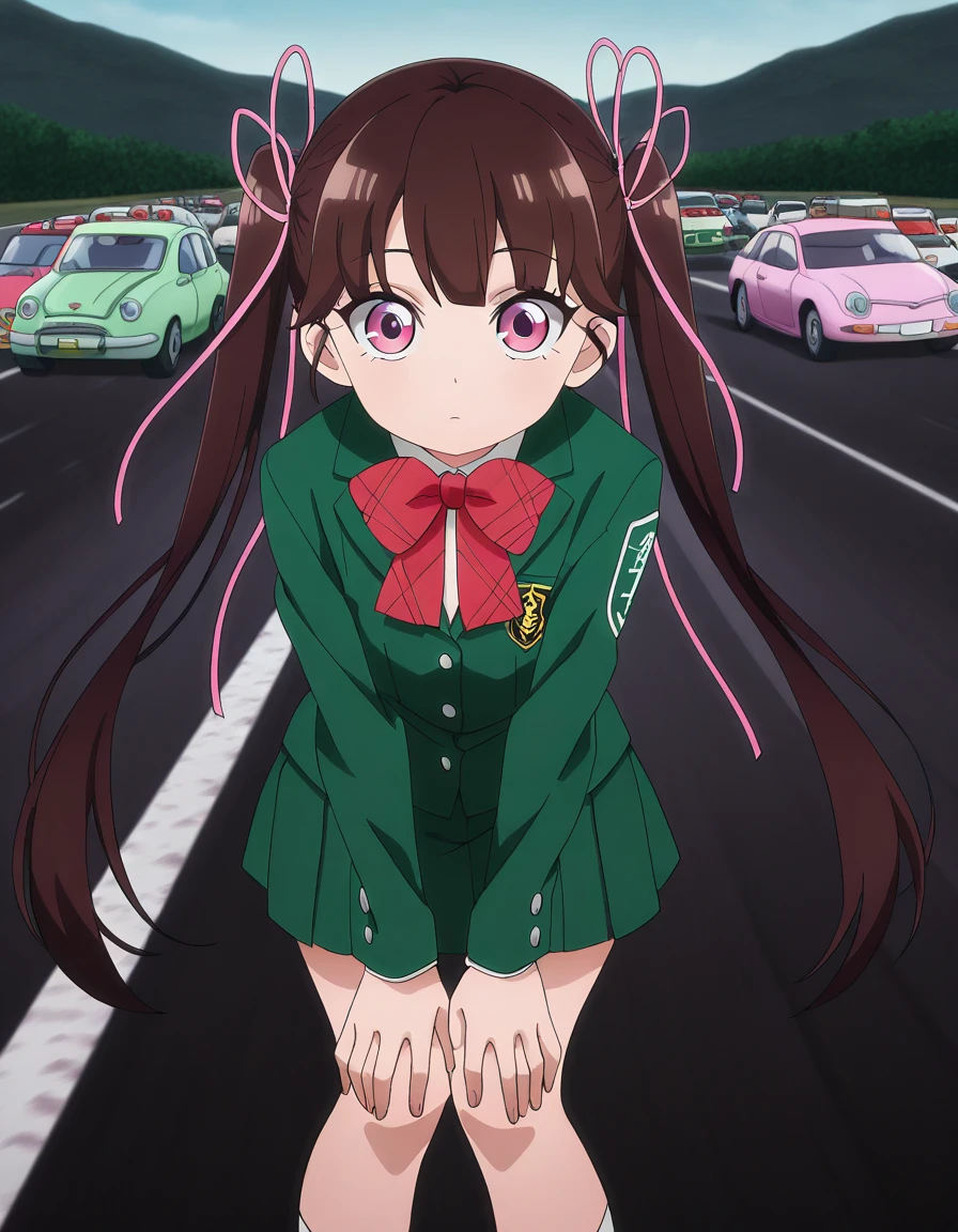 masterpiece, best quality, amazing quality,, <lora:haru-arisugawa-s1-illustriousxl-lora-nochekaiser:1>, haru arisugawa, arisugawa haru, long hair, brown hair, ribbon, twintails, hair ribbon, pink eyes, anime screencap, bow, school uniform, jacket, green jacket,, hands on own knees, road, cars, asphalt, travel, speed, cowboy shot, solo, looking at viewer