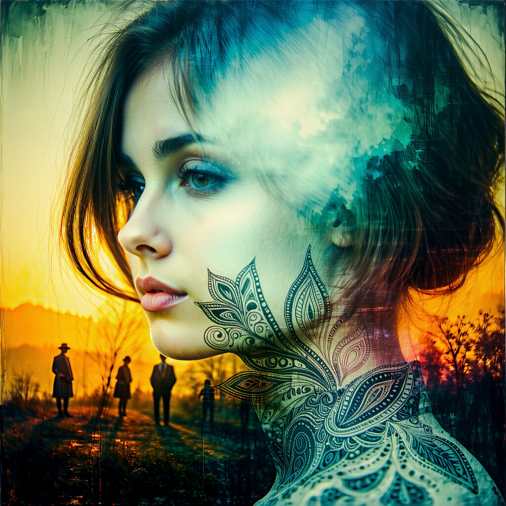 Atmospheric, moody. Double exposure. Fantasy style.
An artistic painting, using paisley patterns. A beautiful young woman. 1960s style.
scrdxCE_style
