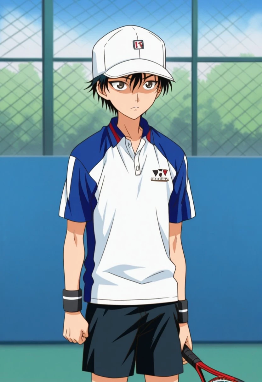 Anime man with blue hair poses for the camera、solo、very short blue haired man、Blue-eyed man、garments:gymnastic suit、wearing a white gym shirt、short sleeved shirt、Ecchi anime style、Wearing blue bloomers、Seductive Anime Men、Toei Animation style, Beautiful captivating anime、 Junior high school boys、2 d anime style