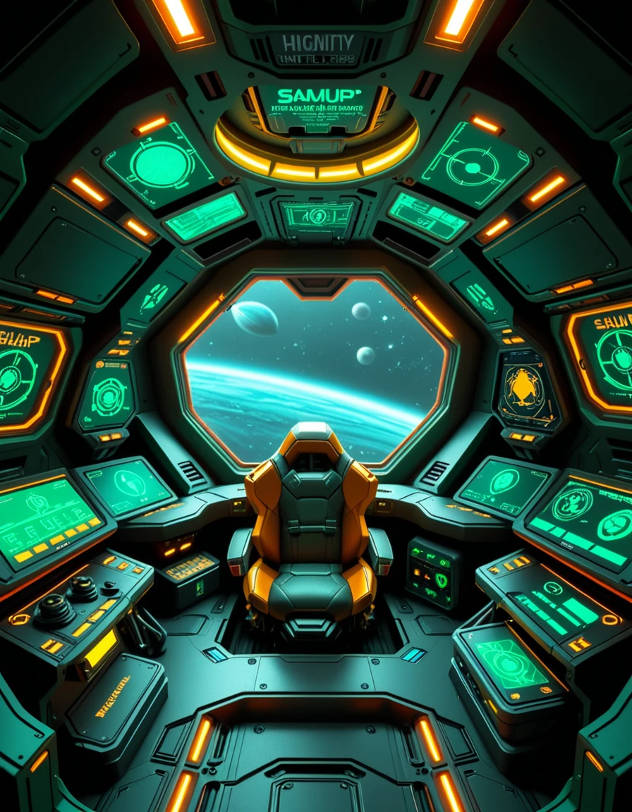 The interior of the cockpit of Samus Aranâs gunship, designed with sleek, futuristic curves and a functional, combat-ready aesthetic. Dim ambient lighting glows in shades of green and amber, illuminating the intricate array of holographic displays, navigation interfaces, and weapon control panels. The pilot seat is centered and reinforced, surrounded by layered control consoles, glowing alien script, and a panoramic view of deep space through a reinforced, angular viewport. Subtle mechanical hums and pulsing energy conduits run through the walls, creating an atmosphere of silent readiness and high-tech isolation within this iconic bounty hunterâs vessel.
<lora:ship_c0ckp1t:1>,ship c0ckp1t, Masterpiece,best quality,hi res,8k,hi res,8k,award winning,(sharp focus, intricate, highly detailed),