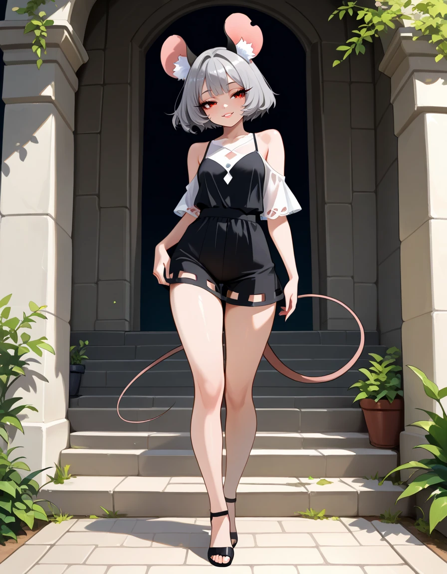 masterpiece, best quality, very aesthetic, absurdres,
outdoors,
full body, standing, posing,
seductive smile, parted lips, long eyelashes,
<lora:Nazrin_v01_NAIXL:1>
N4zr1n,1girl,solo,mouse girl,mouse ears,animal ear fluff,short hair,bangs,grey hair,red eyes,mouse tail,