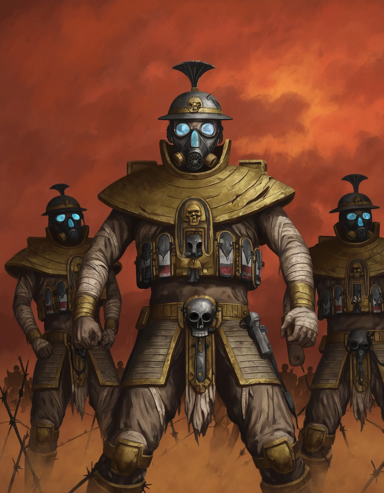 traditional media, highly detailed, (painterly, oil painting \(medium\):0.5), Death Korps of Krieg soldier from the Warhammer 40k universe. The soldier should be depicted standing in a trench, holding a bayoneted lasgun at the ready. He is clad in the signature trench coat, steel helmet, and black gas mask of the Death Korps, his posture reflecting a mixture of vigilance and fatigue. The background should be a grim, war-torn battlefield filled with trenches, barbed wire, and the remnants of past skirmishes. A thick, rolling fog should partially obscure the scene, with silhouettes of other Krieg soldiers and artillery pieces barely visible through the haze. The sky should be overcast, with the occasional flash of distant artillery fire illuminating the dark clouds. Render the image in a dark, atmospheric style, emphasizing the textures and wear on the soldier's gear and the trench surroundings. Use a muted color palette of grays, browns, and dark greens to enhance the bleak and foreboding atmosphere. The lighting should be low and diffuse, with shadows adding depth and a sense of imminent threat. Highlight the soldier's gas mask lenses, giving them a subtle, eerie glow to draw attention to his unyielding gaze. The overall composition should convey the stoic determination and relentless endurance of the Death Korps of Krieg, capturing the harsh realities of their unending warfare and their unwavering resolve in the face of constant danger.
<lora:Warhammer Tombkings Lycoris Illustrious 0.1:0.6>