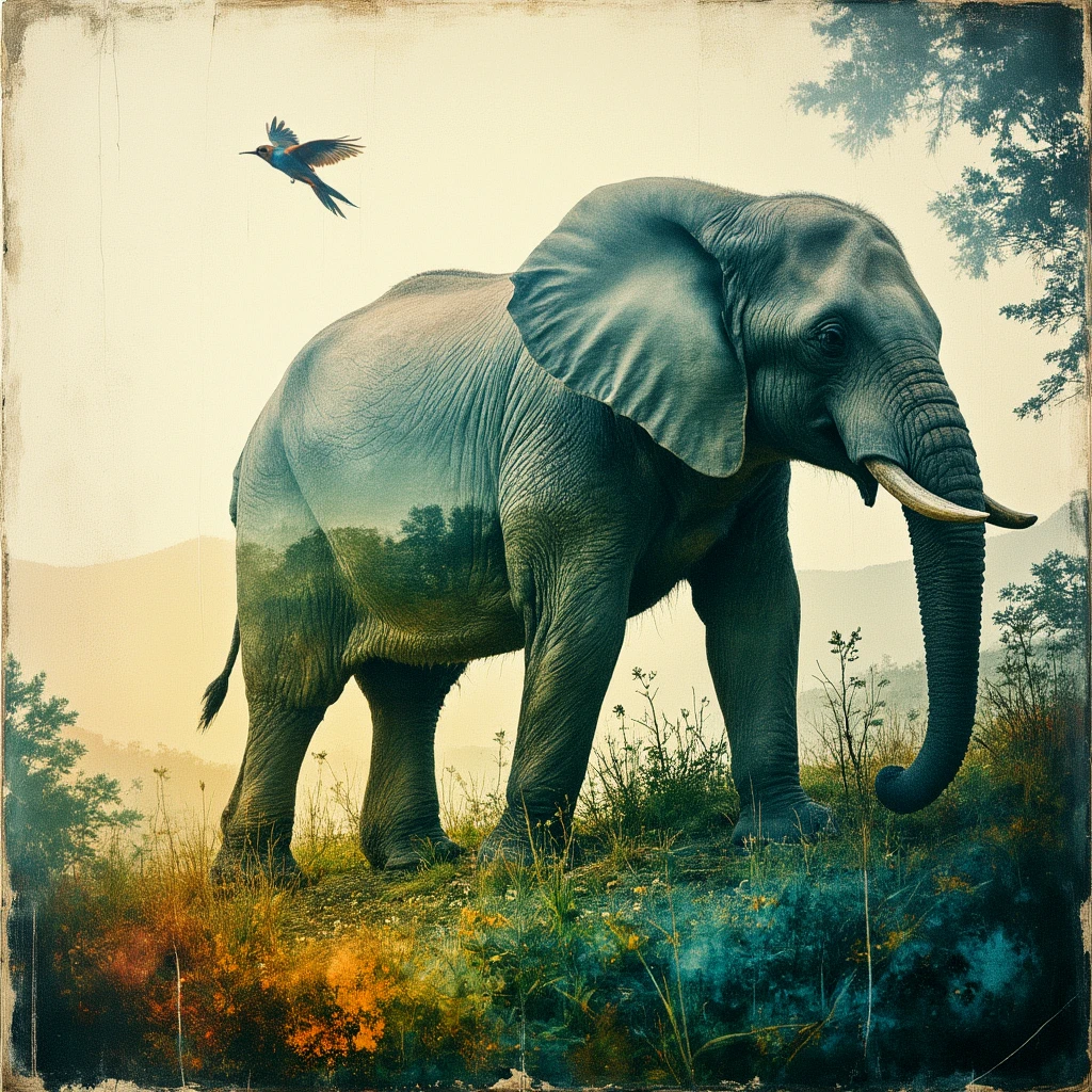 Painted through a coarse mesh. Double exposure. Screenprinting style. Images overlayed.
An elephant in the tropical jungle. Colorful birds glide through the air.
scrdxCE_style