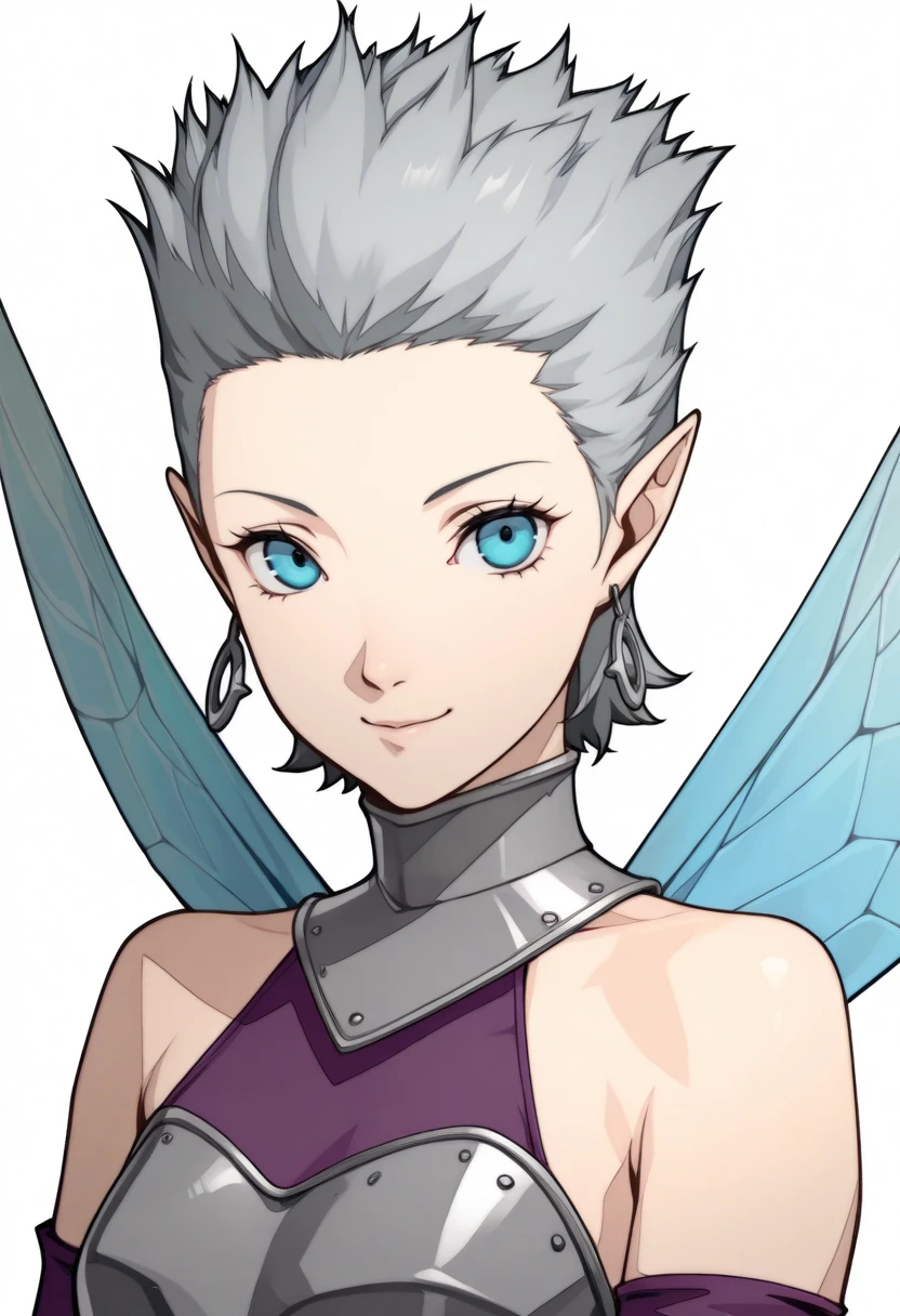 ophelia(claymore),1girl,Solo,fantasy,white skin,silver hair,show the forehead ,((slicked back hair)),((hair pulled back)),single braid,(long braid),(large braid),yellow eyes,white bodysuit,white gloves,collarbone,silver pauldrons,evil smile,evil,((simple background)),gray background,old school fantasy art,elf