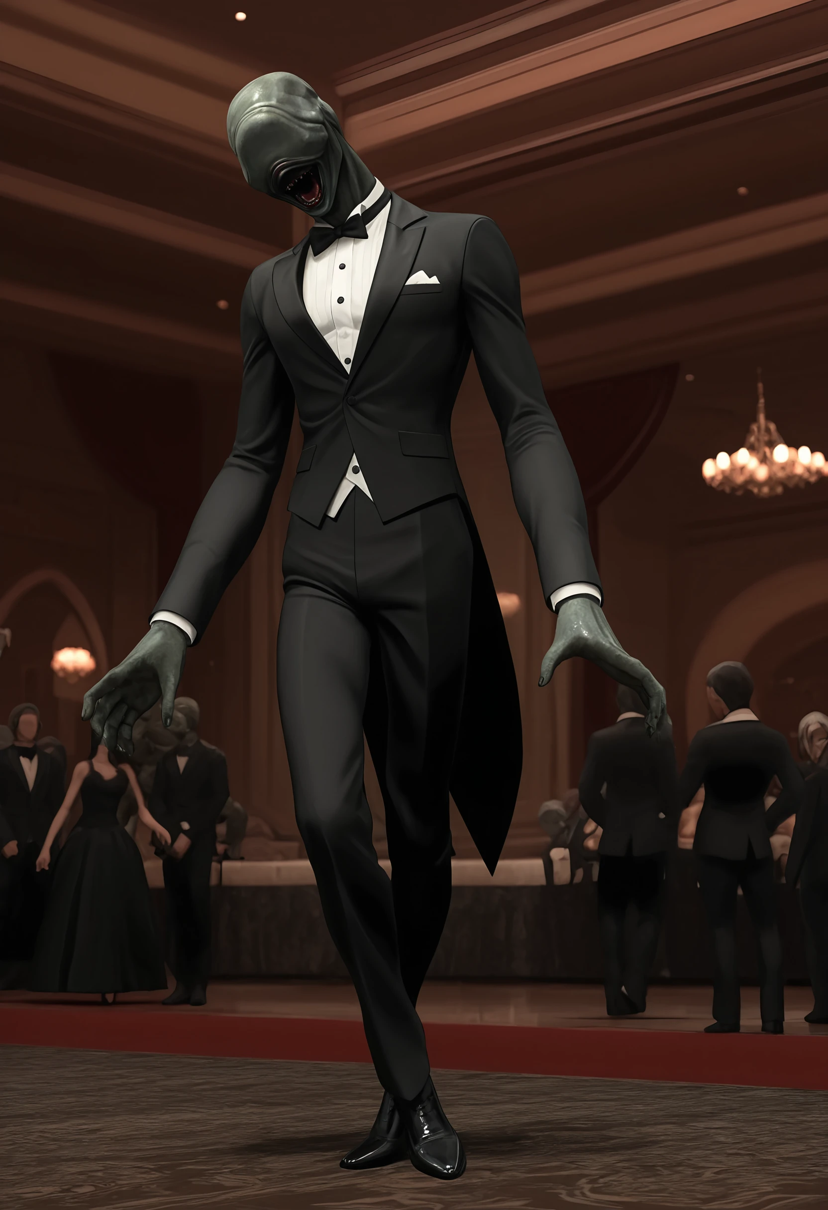 masterpiece, best quality, amazing quality, very aesthetic, absurdres, newest, <lora:RasklapanjeRE6ILf:1> r4silf, monster, faceless, eyeless, focus, wearing tuxedo,
ballroom, indoors, blurry background,