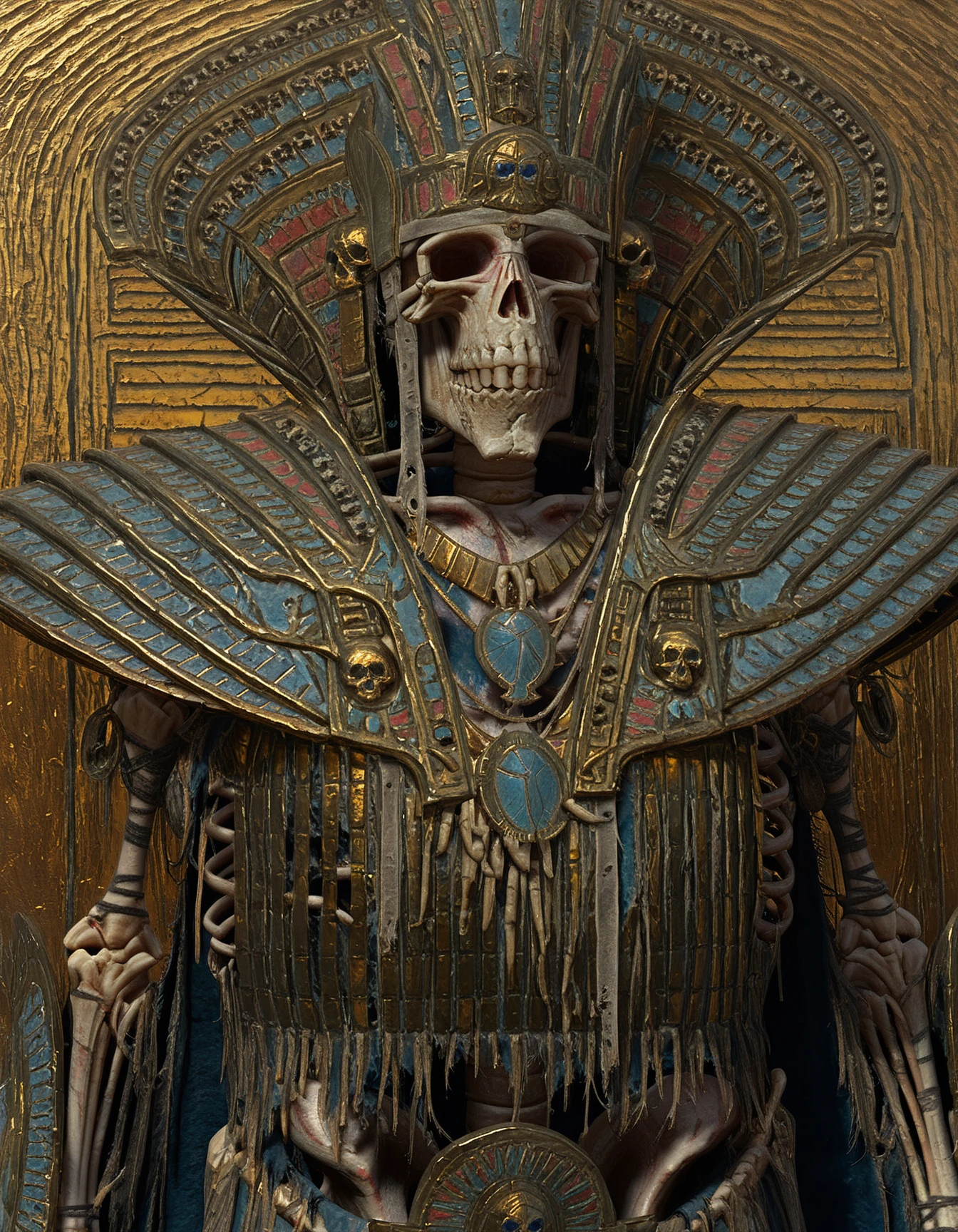 masterpiece, realism, traditional media, skull, jewelry, armor, skeleton, looking at viewer, straight-on, necklace, gold, no humans, 1other, torn clothes, tribal statue, porcelain bone,
<lora:Warhammer Tombkings Lycoris Illustrious 0.1:1>