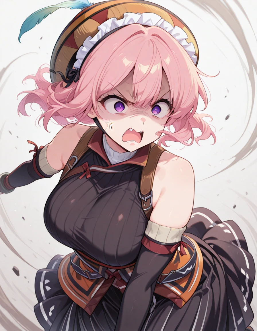 masterpiece, best quality, amazing quality,, <lora:CivChan:1>, CivChan, purple eyes, pink hair, mature female, breasts, maid headdress, , <lora:yukumo-armor-illustriousxl-lora-nochekaiser:1>, yukumo armor, yukumo (armor), hat, feather, bare shoulders, chin strap, detached sleeves, hakama, hakama skirt, hat feather, japanese clothes, ribbed sweater, skirt, sleeveless, sleeveless turtleneck, sweater, turtleneck,, <lora:dynamic-pose-illustriousxl-lora-nochekaiser:1>, dynamic pose, midair, cowboy shot, angry, open mouth, ,