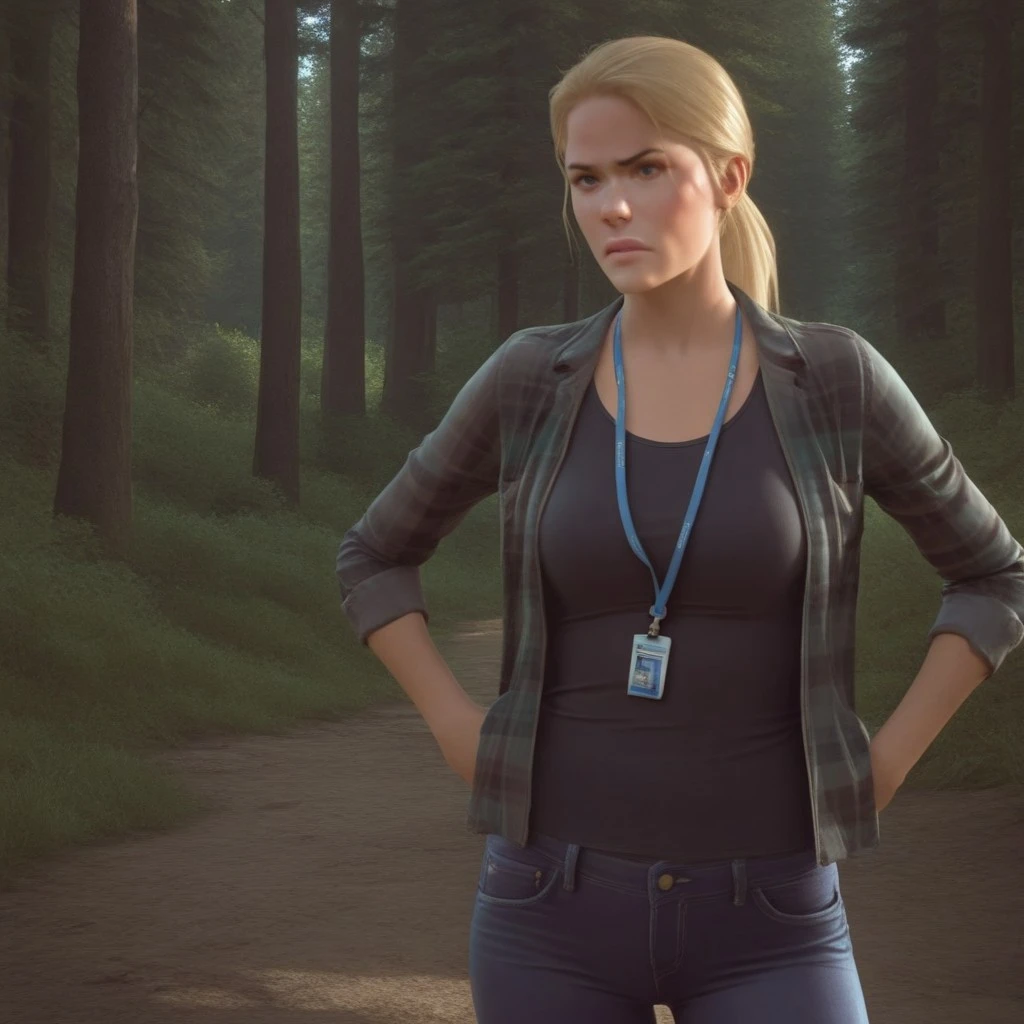 masterpiece, best quality, realistic, break, sarah_dg, blonde hair, ponytail, blue eyes, jacket, shirt, lanyard, jeans, hands on hips, looking at viewer, annoyed, forest