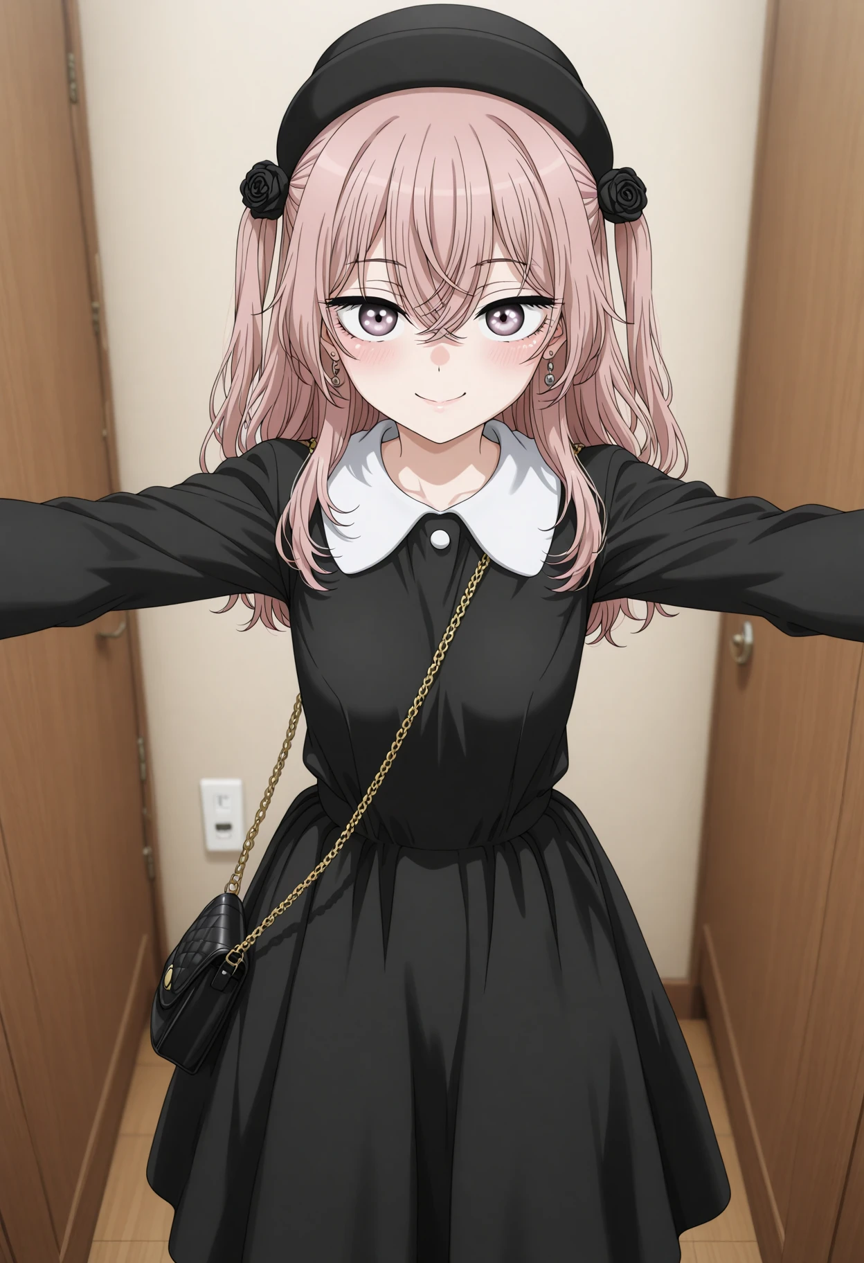 masterpiece, best quality, amazing quality, 1girl, solo, makeup, perspective, general, looking at viewer, dynamic angle, cowboy shot, smile, boutique, indoors, fancy, blush, lovely, spread arms, looking at viewer, <lora:sajuna-inui-s1-illustriousxl-lora-nochekaiser:1>, sajuna inui, inui sajuna, long hair, bangs, hair ornament, hair between eyes, pink hair, pink eyes, two side up, crossed bangs, black flower, black rose, mature female, small breasts, <lora:Showa_Retro_Black_Dress:1>, Showa_Retro_Black_Dress, dress, black dress, long sleeves, collared dress, white buttons, jewelry, earrings, shoes, hat, black headwear, bag, handbag, <lora:wai-Rectified-s:1>, <lora:prompt_extend:1>