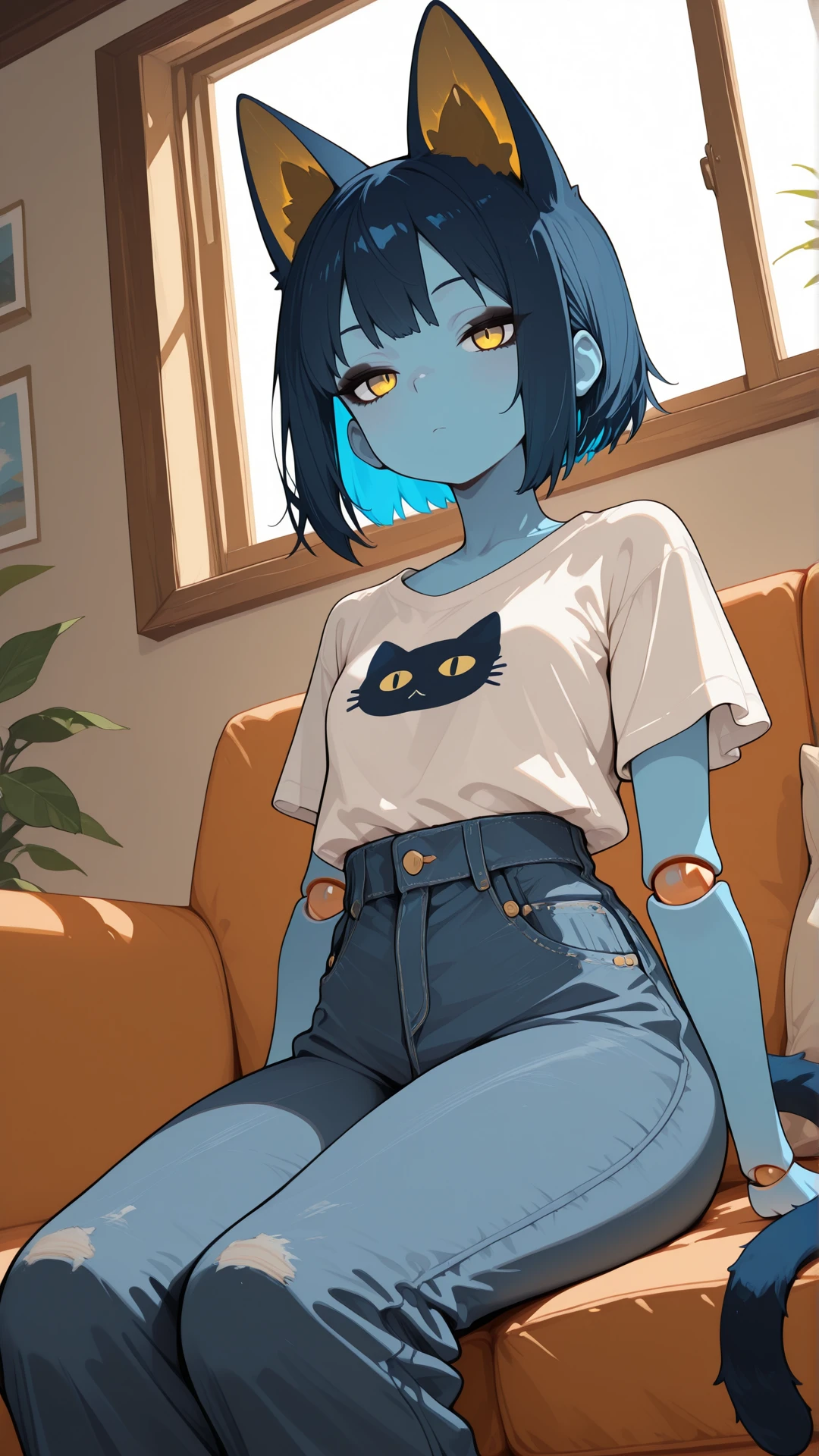 masterpiece, best quality, amazing quality, absurd res,
Flatline, Flat vector illustration, masterpiece, best quality, good quality, very aesthetic, absurdres, newest, 8K, depth of field, focused subject, dynamic closeup angle,
<lora:Capek_mrbalderus_for_Illustrious:0.7> 1girl, c4pek, cat ears, cat tail, short hair, colored skin, blue skin, yellow eyes, joints, blue hair, black eyeshadow, medium hips, short, dark blue ears, dark blue tail, gold inner ear,
shirt, jeans, indoors, living room, window, sitting on couch,
<lora:S4bit4mago:1> S4bit4mago_illu, anime style