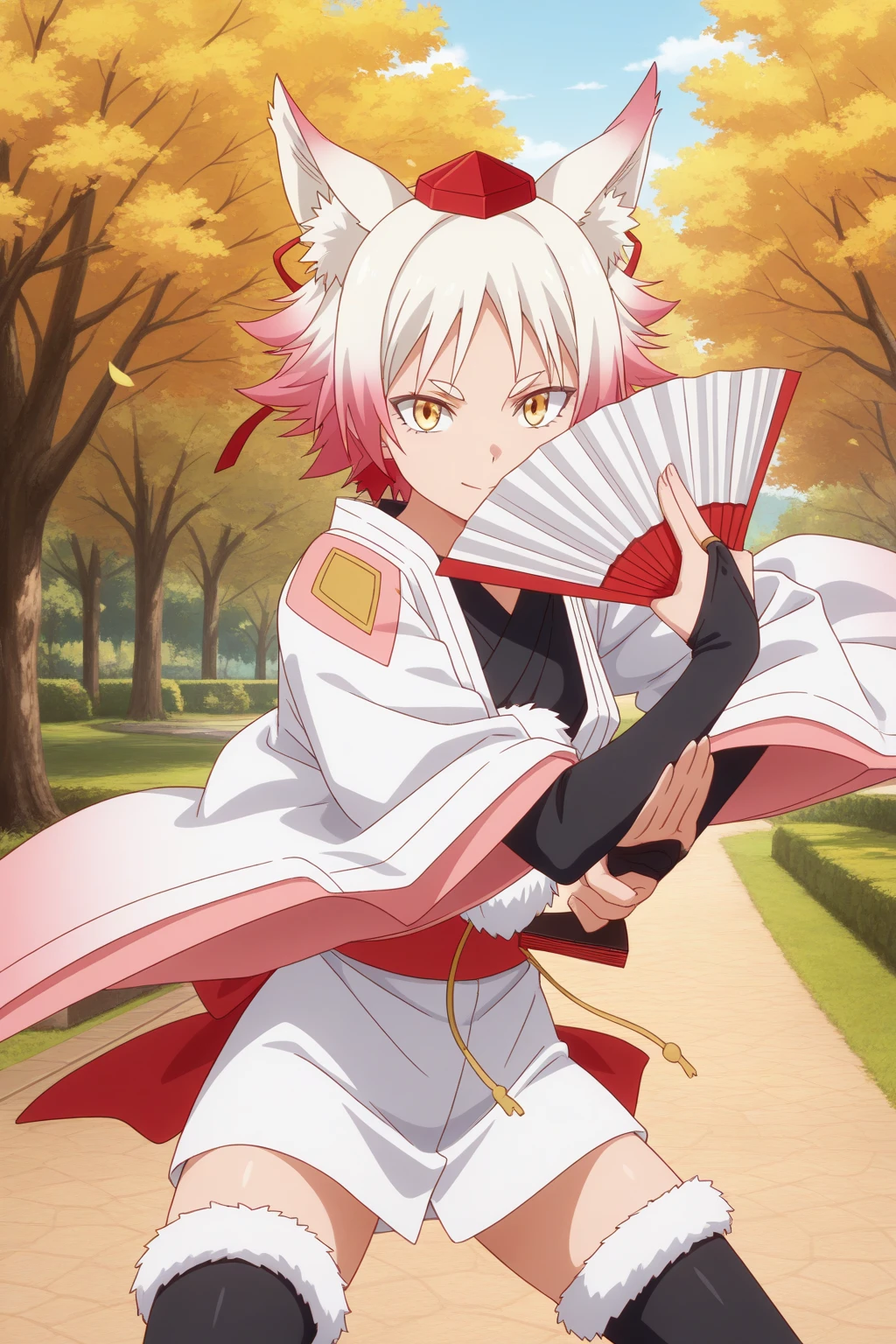 very awa, detailed eyes, shining eyes, masterpiece, best quality, ultra-detailed, (8k), (hdr), absurdres, looking at viewer, solo, 1girl, girl, outdoors, park, daylight, smile, aamomiji, animal ears, yellow eyes, slit pupils, white hair, multicolored hair, red hair, momijidef, tokin hat, black kimono, white haori, short kimono, obi, pom pom, wide sleeves, bridal gauntlets, black thighhighs, fur-trimmed thighhighs, ((standing, holding fan, hand fan, folding fan, covering own mouth, fighting stance, cowboy shot))