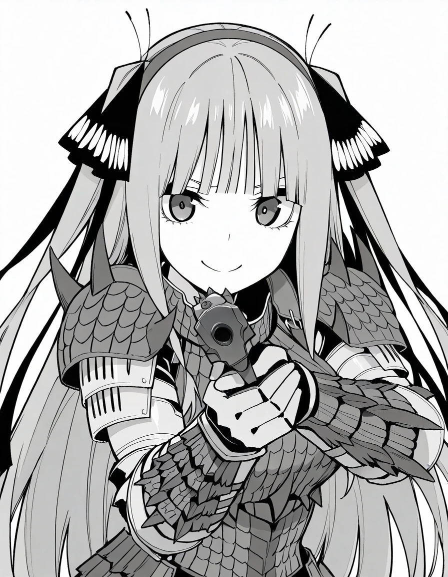 masterpiece, best quality, amazing quality,, <lora:nino-nakano-manga-illustriousxl-lora-nochekaiser:1>, nino nakano, nakano nino, long hair, bangs, hair ornament, hair ribbon, blunt bangs, two side up, butterfly hair ornament, monochrome, greyscale, mature female, breasts,, <lora:rathalos-armor-illustriousxl-lora-nochekaiser:1>, rathalos armor, rathalos (armor), gauntlets, red armor, scale armor, shoulder spikes, spiked armor, spikes, helmet, headgear, visor, hairband, headband,, <lora:center-axis-relock-stance-illustriousxl-lora-nochekaiser:1>, center axis relock stance, looking at viewer, holding, closed mouth, weapon, holding weapon, gun, holding gun, handgun, aiming, finger on trigger, aiming at viewer, m1911,, smile, open mouth, ,