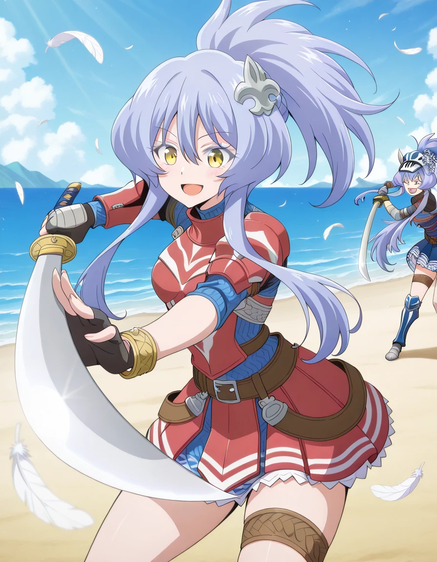 masterpiece, best quality, amazing quality,, <lora:teltina-liz-wargray-avallost-s1-illustriousxl-lora-nochekaiser:1>, teltina liz wargray avallost, blue hair, yellow eyes, ponytail, hair ornament, short hair with long locks, mature female, small breasts, anime screencap, <lora:hermitaur-armor-illustriousxl-lora-nochekaiser:1>, hermitaur armor, armor, red armor, asymmetrical clothes, belt, blush, bracelet, fingerless gloves, gloves, feathers, hair ornament, hat, helmet, hermitaur (armor), jewelry, skirt, striped, thigh strap, thighs, turtleneck, beach, sitting, headgear,, <lora:gatotsu-stance-illustriousxl-lora-nochekaiser:1>, gatotsu stance, weapon, sword, katana, holding weapon, holding, holding sword, foreshortening,, smile, open mouth, ,