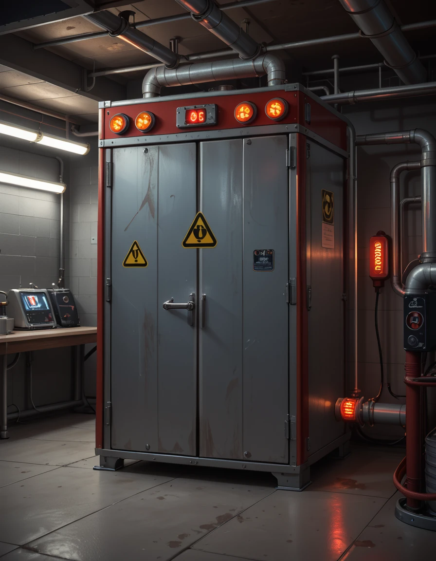 A detailed photo of the exterior of the Ecto-Containment Unit, located in a dimly lit basement facility. The unit is a large, reinforced metallic structure with red and silver panels, thick wiring, and glowing warning lights. Industrial hazard symbols are painted across its surface, and a secure access hatch is bolted shut on the front. Pipes and power conduits run along the walls and ceiling, feeding into the containment system. The room is concrete and shadowy, lit by flickering fluorescent lights and the pulsing red glow of the unitâs power core. No characters present. Cinematic, high-tech paranormal lab atmosphere, detailed and ominous.
,Ecto-Containment Un1t, <lora:Ecto-Containment_Un1t-p:1>,score_9, score_8_up, score_7_up,amazing quality, ultra realistic, 3D, HD, best quality, amazing quality, very aesthetic, absurdres