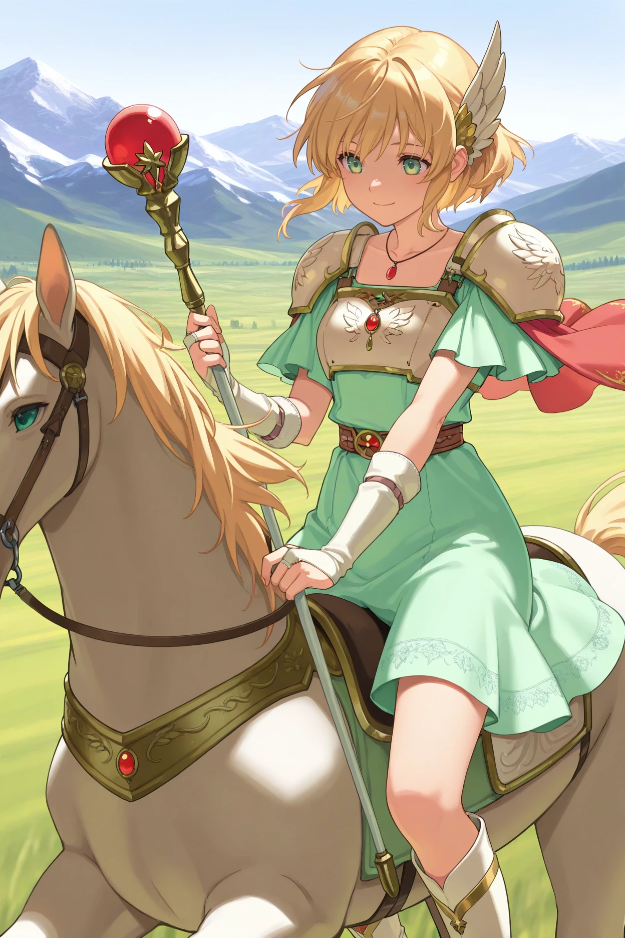 masterpiece, best quality, 1girl, solo, <lora:fenanna-illu-nvwls-v1-000006:1> fenna, blonde hair, short hair, green eyes, wing hair ornament, white armor, shoulder armor, red capelet, necklace, green dress, brown belt, white gloves, bridal gauntlets, fingerless gloves, white boots, knee boots, riding horse, field, mountains, holding staff, smile