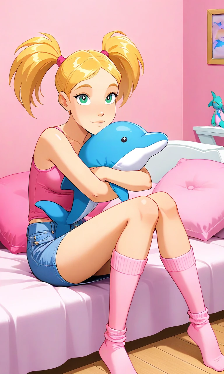solo,W1tc4,artstyle,1girl, blonde hair, twintails, green eyes, pink tank top, denim skirt,bedroom, pink walls,stuffed toy, stuffed dolphin, pink pillow,hugging object, sitting, pink socks, pink theme