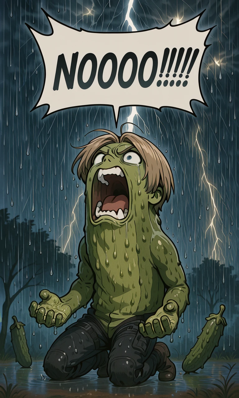 embedding:IllusP0s, pickle rickalized, green skin, speech bubble, NOOO!!!, screaming, kneeling, leon kennedy, 1boy, solo, contrast lighting, outdoors, arms by side, thunderstorm, raining,<lora:NOOO_illustrious.safetensors:1.0:1.0> <lora:Pickle Rickalized_illustrious.safetensors:1:1>