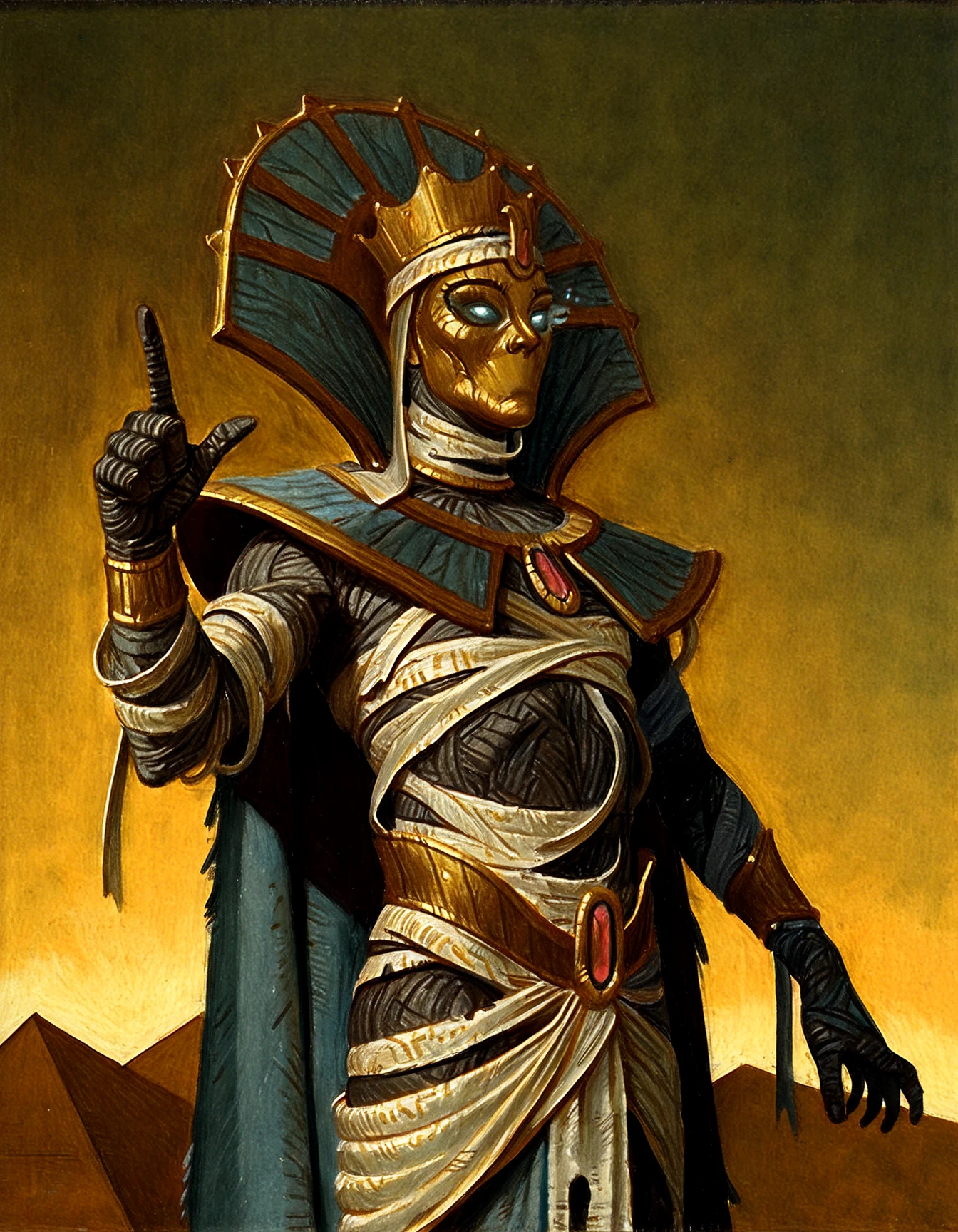 masterpiece, realism, traditional media, solo, armor, 1other, manly, no mouth, undead mummy, wrapped with white cloth, glowing eyes, golden mask, crown, heroic pose, background: pyramid, realistic, painterly, western art style, character art, jewelry, pointing up, <lora:Warhammer Tombkings Lycoris Illustrious 0.1:0.8>