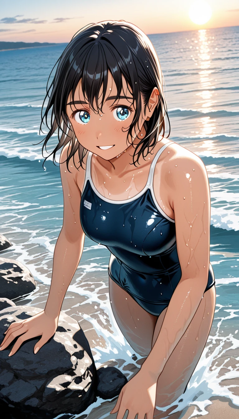 takada akemi, painting \(Moderate\), RETRO ARTstyle, traditional media, watercolor \(Moderate\), 1980s \(style\), (only one girl), ((alone)), short hair, blue eyes, blonde, smile, fine eyes, perfect functionality, (masterpiece), (highest quality:1.4), disorganized, [:intricate details:0.2], moist skin, shiny skin, Glossy skin, (masterpiece, highest quality, good quality:1.4), masterpiece, intricate details, ((2 piece swimsuit)), (looking at the viewer), outdoor, beach, close, sexy