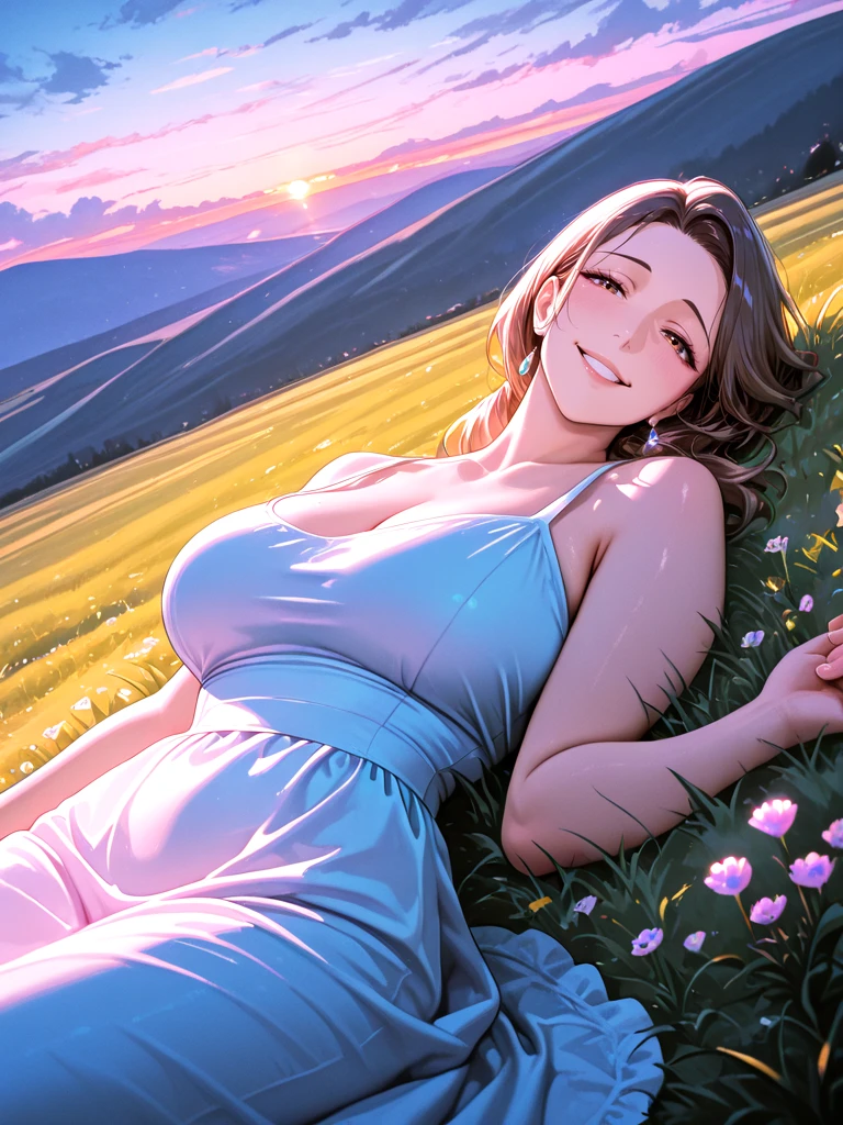 hires, masterpiece, colored lighting, mature female, milf, rim lighting, pastel colors, grass, lying, on back, smile, sunset, hill, sundress, giggle, looking at viewer