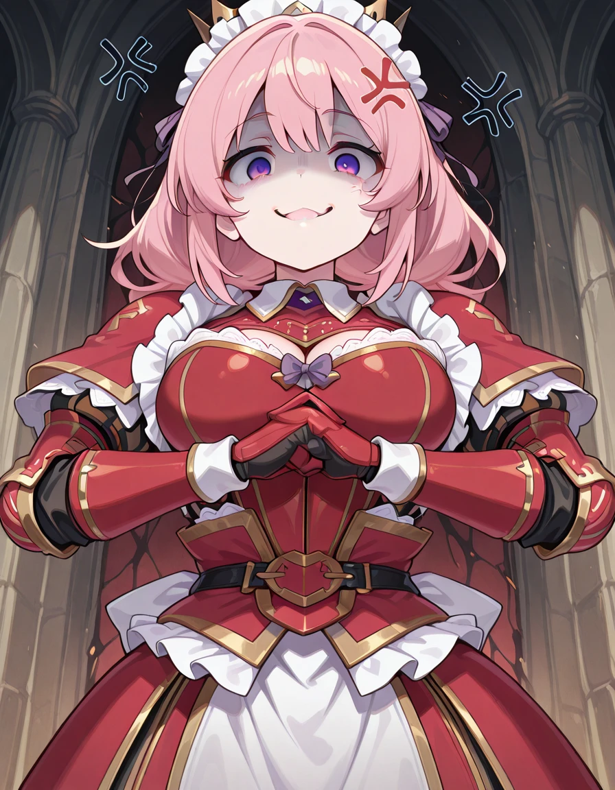 masterpiece, best quality, amazing quality,, <lora:CivChan:1>, CivChan, purple eyes, pink hair, mature female, breasts, maid headdress, , <lora:teostra-armor-illustriousxl-lora-nochekaiser:1>, teostra armor, teostra (armor), armor, armored dress, crown, dress, hat, pointed crown, red crown,, <lora:cracking-knuckles-illustriousxl-lora-nochekaiser:1>, cracking knuckles, shaded face, open mouth, looking at viewer, looking down, fist in hand, own hands together, anger vein, false smile,, expressionless, , ,