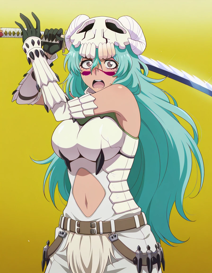 masterpiece, best quality, amazing quality,, <lora:nelliel-tu-odelschwanck-anime-illustriousxl-lora-nochekaiser:1>, nelliel tu odelschwanck, long hair, green hair, facial mark, skull, brown eyes, green hair, mature female, breasts, anime screencap, <lora:barioth-armor-illustriousxl-lora-nochekaiser:1>, barioth armor, armor, barioth (armor), elbow gloves, gloves, hairband, headgear, bare shoulders, navel, navel cutout, mane, fur, white hair, head band, spiky hair, belt,, <lora:sword-guard-stance-illustriousxl-lora-nochekaiser:1>, sword guard stance, sword, weapon, solo, katana, holding, holding weapon, holding sword, looking at viewer, jumpsuit, yellow jumpsuit, high collar, cowboy shot, pants,, scared, open mouth, ,