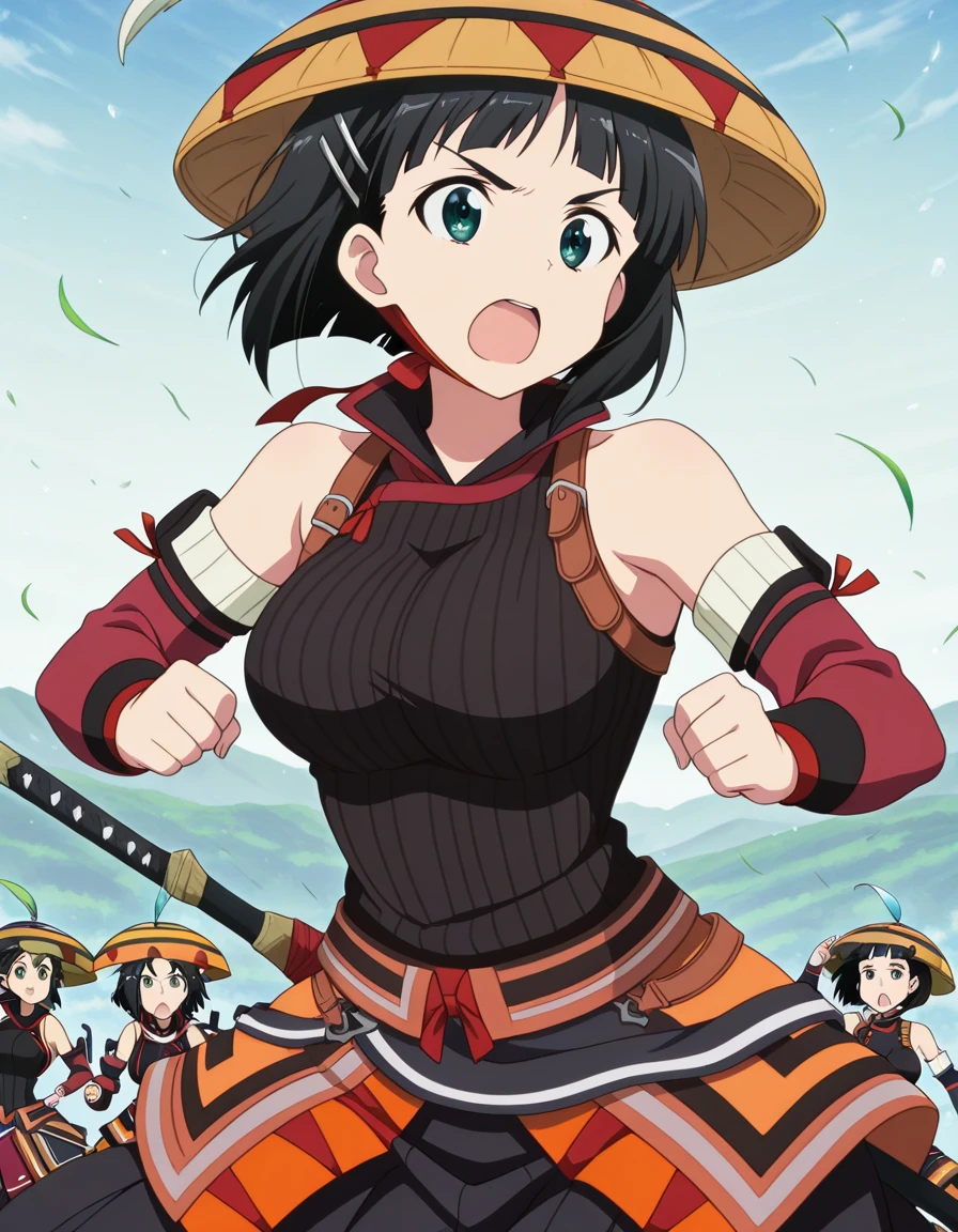 masterpiece, best quality, amazing quality,, <lora:suguha-kirigaya-s1-illustriousxl-lora-nochekaiser:1>, suguha kirigaya, short hair, black hair, hair ornament, hairclip, green eyes, mature female, breasts, anime screencap, <lora:yukumo-armor-illustriousxl-lora-nochekaiser:1>, yukumo armor, yukumo (armor), hat, feather, bare shoulders, chin strap, detached sleeves, hakama, hakama skirt, hat feather, japanese clothes, ribbed sweater, skirt, sleeveless, sleeveless turtleneck, sweater, turtleneck,, <lora:dynamic-pose-illustriousxl-lora-nochekaiser:1>, dynamic pose, cowboy shot, frown, open mouth, ,