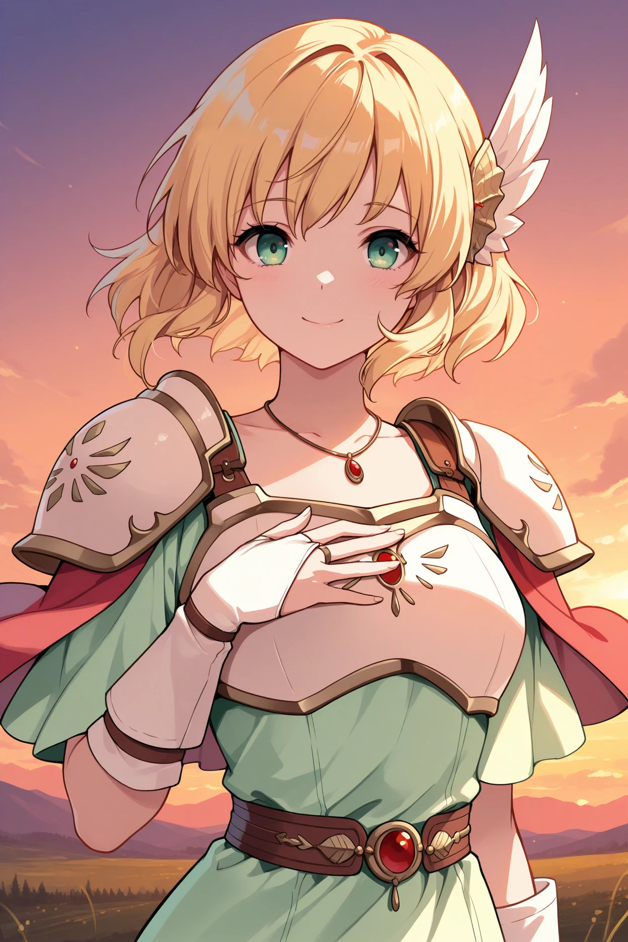 masterpiece, best quality, 1girl, solo, <lora:fenanna-illu-nvwls-v1-000006:1> fenna, blonde hair, short hair, green eyes, wing hair ornament, white armor, shoulder armor, red capelet, necklace, green dress, brown belt, white gloves, bridal gauntlets, fingerless gloves, upper body, sunset, mountains, looking at viewer, happy, hand on own chest, smile