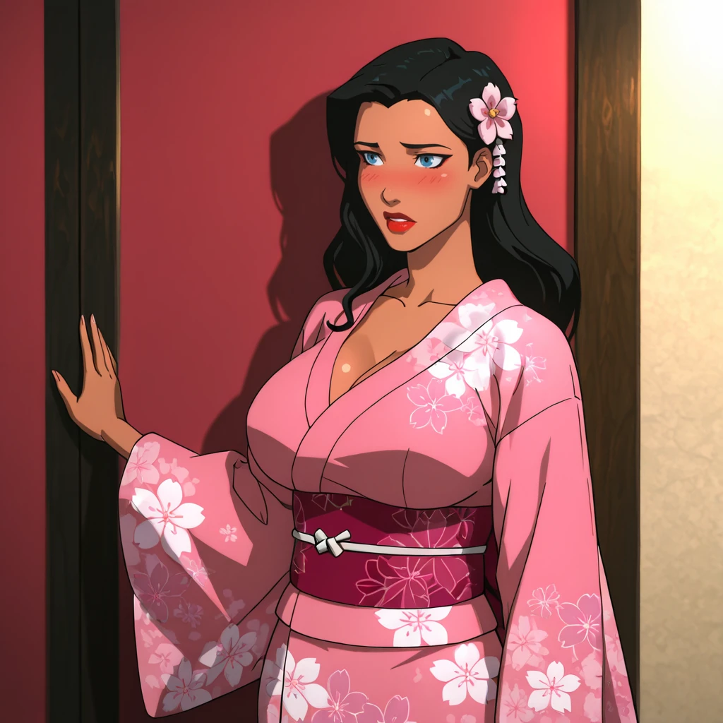 <lora:ZatannaYoungJustice_illustrious_v1:1> zatannaYoungJustice, 1girl,solo, black hair, lipstick, blue eyes, makeup, large breasts, dark skin, red lips, long hair, cowboy shot,, japanese clothes, kimono, hair ornament, blush, hair flower, pink kimono, sash, obi, floral print, wide sleeves