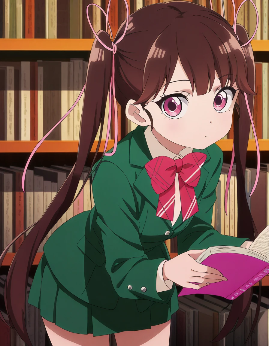 masterpiece, best quality, amazing quality,, <lora:haru-arisugawa-s1-illustriousxl-lora-nochekaiser:1>, haru arisugawa, arisugawa haru, long hair, brown hair, ribbon, twintails, hair ribbon, pink eyes, anime screencap, bow, school uniform, jacket, green jacket,, leaning forward,, library, books, shelves, reading, quiet, cowboy shot, solo, looking at viewer