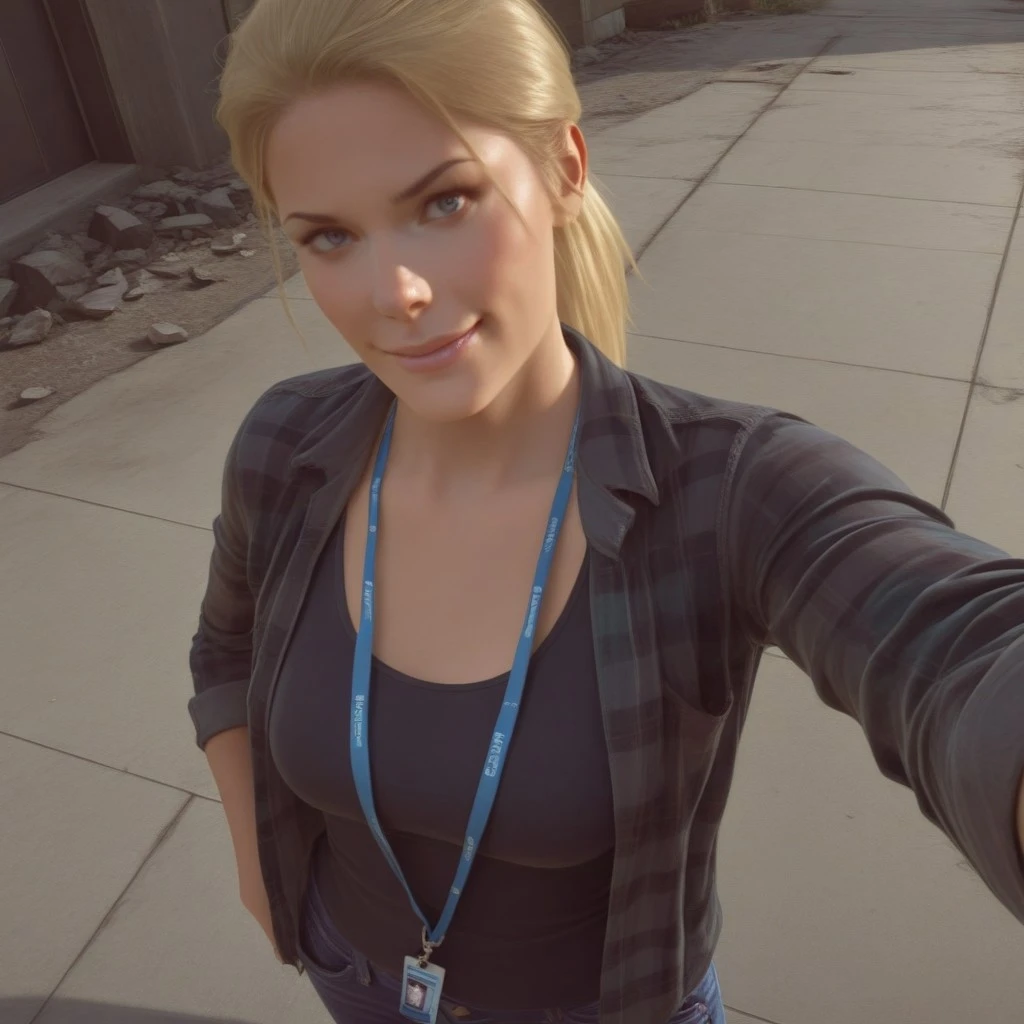 masterpiece, best quality, realistic, break, sarah_dg, blonde hair, ponytail, blue eyes, jacket, shirt, lanyard, jeans, selfie, from above, head tilt, smirk
