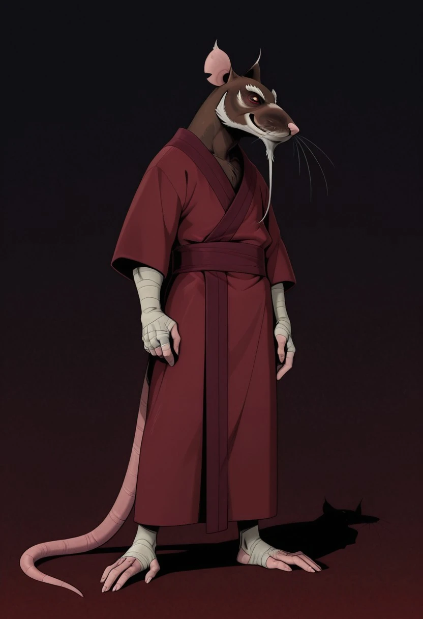MasterSplinter2012, brown fur, rat, animal, 1boy, male focus, furry male, rat tail, red eyes, detailed eyes, seductive, sash, bandages on arms, score_9, score_8_up, score_7_up, score_6_up, score_5_up, score_4_up, (red robe:1) ,standing up, plantigrade, (white eyebrows:1.4),  (fullbody:1), light effects, simple background, smiling at viewer, (white chin:1), (detailed face:1), (long white beard:1.2), bandages on hands, face focus, whiskers, seductive, (no background:1.2)