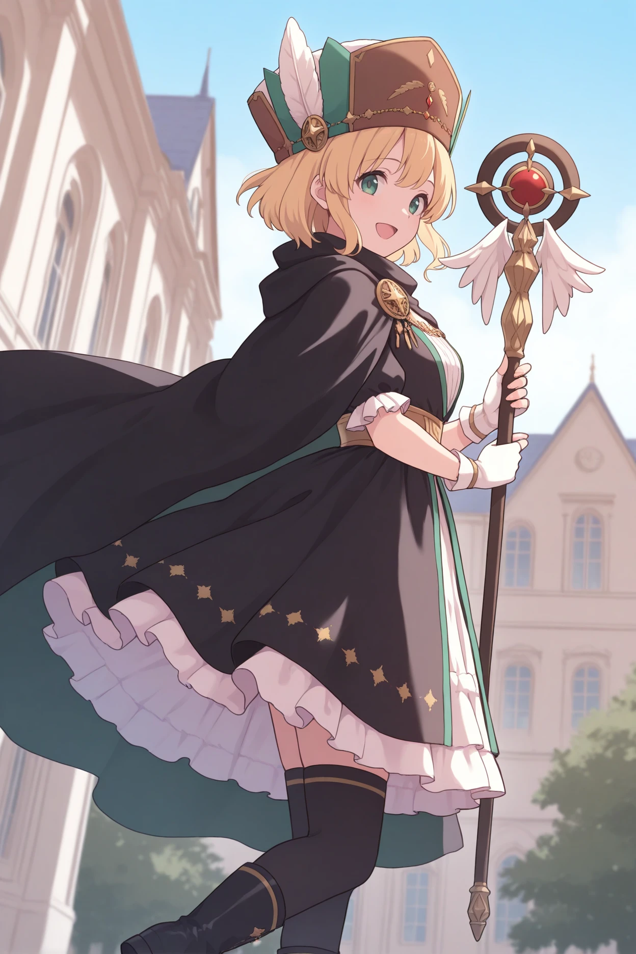 masterpiece, best quality, 1girl, solo, <lora:fenanna-illu-nvwls-v1-000006:1> msnna, blonde hair, short hair, green eyes, brown hat, black cloak, black dress, layered dress, frilled dress, gold underbust, fingerless gloves, white gloves, black thighhighs, black boots, from side, holding feather staff, looking at viewer, happy, open mouth, victorian architecture, outdoors, blue sky