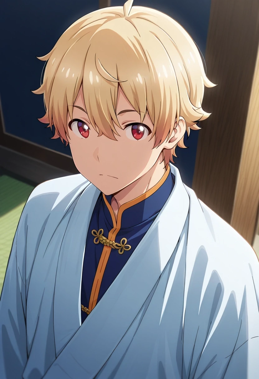 masterpiece, best quality, intricate details, , looking at viewer, 1boy, solo, male focus, <lora:subaru_uchimaki_ilxl:0.96>, subaru_uchimaki, blonde hair, red eyes, short hair, , , indian costume